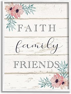 Stupell Industries Faith Family Friends Pink Flowers Country Plank Pattern White Framed Wall Art, 11 x 14