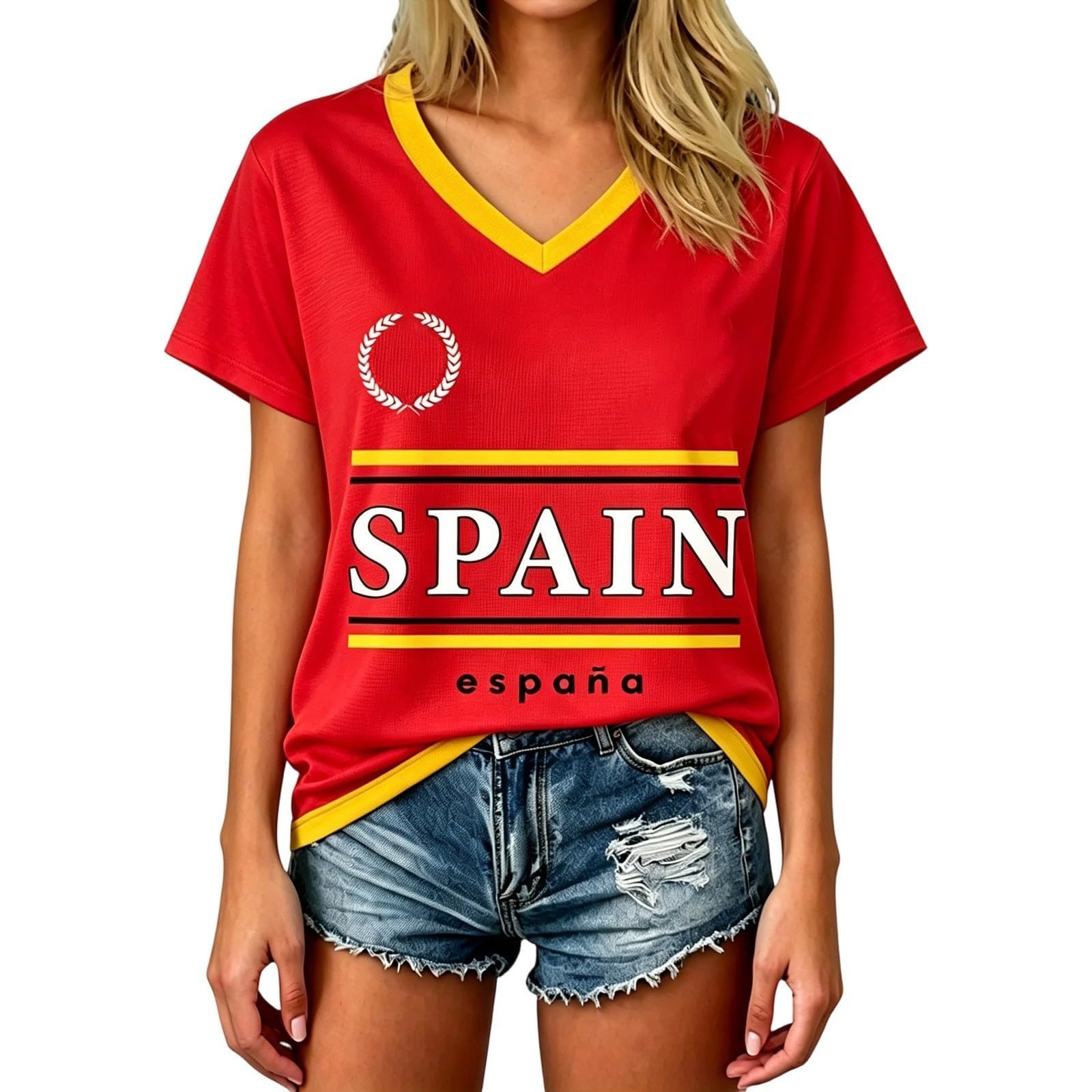 Spain Football T-Shirt for Women Short Sleeve V-Neck Shirts Spain Flag Comfortable Casual Tee Retro Soccer Jersey Adult and Kids Summer Tops (2-Red, 6-7 Years)