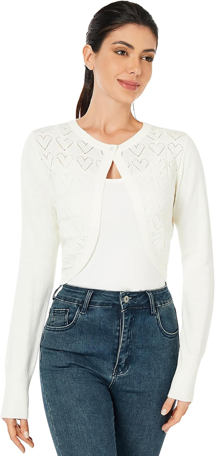 AmélieBoutik Women Cropped Cardigan Long Sleeve Lightweight Shrug Heart Hollowed-Out Knit Sweater Tops - Image 3