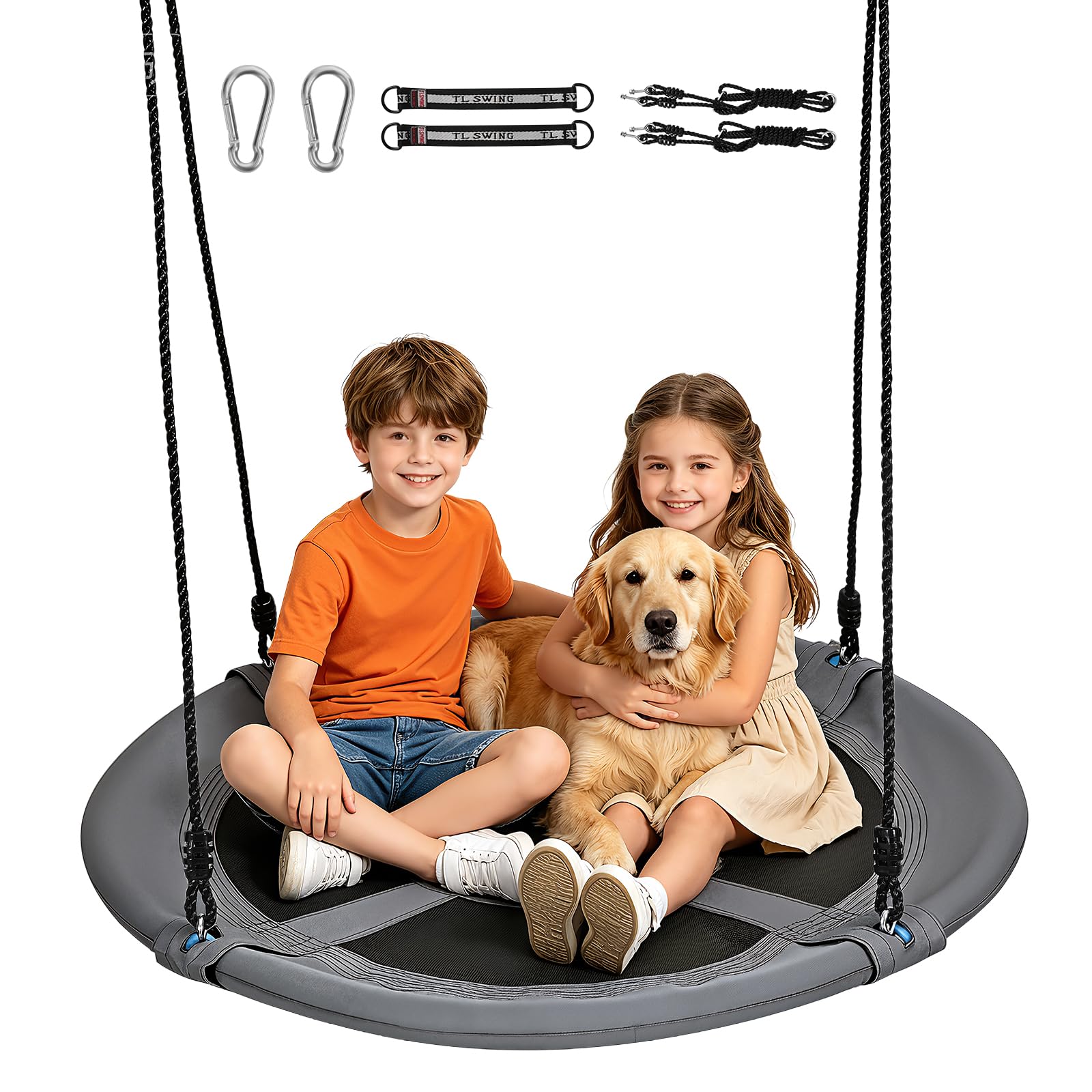 Columpio Redondo Infantil 120 cm, Columpio suspendido Ajustable con Carga 120 kg, Tela Oxford 900D & Marco de Acero Acolchado, Interior y Exterior