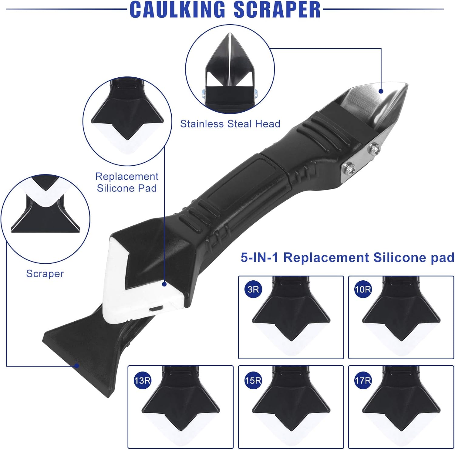 SIKEFIWO 3 in 1 Silicone Caulking Tools, 30PCS Caulking Finishing Tool Kit with Sealant Scraper, Grout Remover Tool, 5 Reuse Silicone Pads, Caulking Tools Kit for Kitchen Bathroom Window Sink Joint - - 