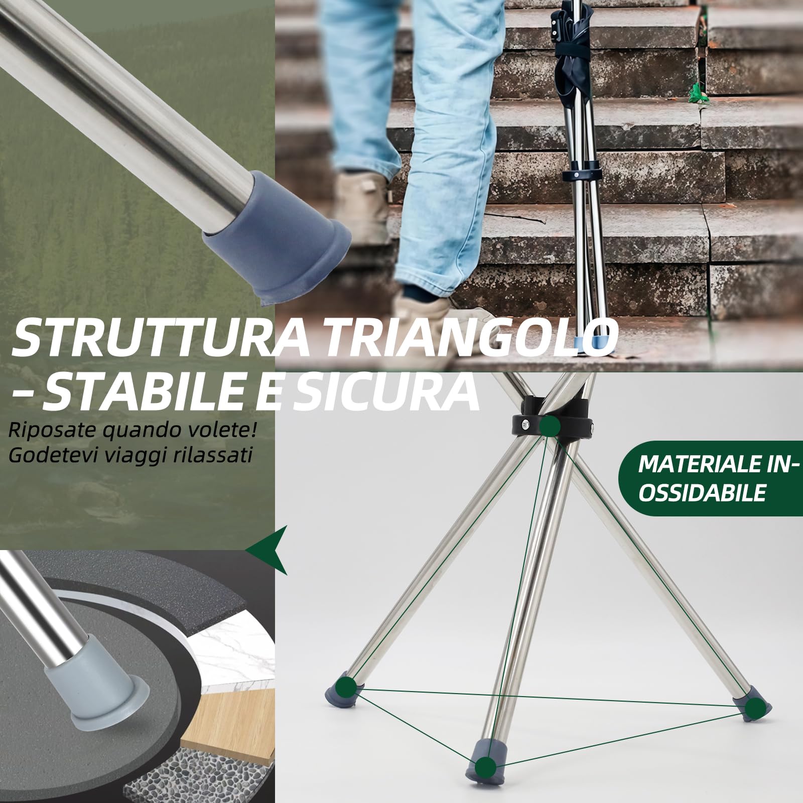 Bastone da passeggio con supporto, 80-90 cm, pieghevole e regolabile in altezza, base in silicone antiscivolo, portata fino a 150 kg, per anziani 140-190 cm (nero)