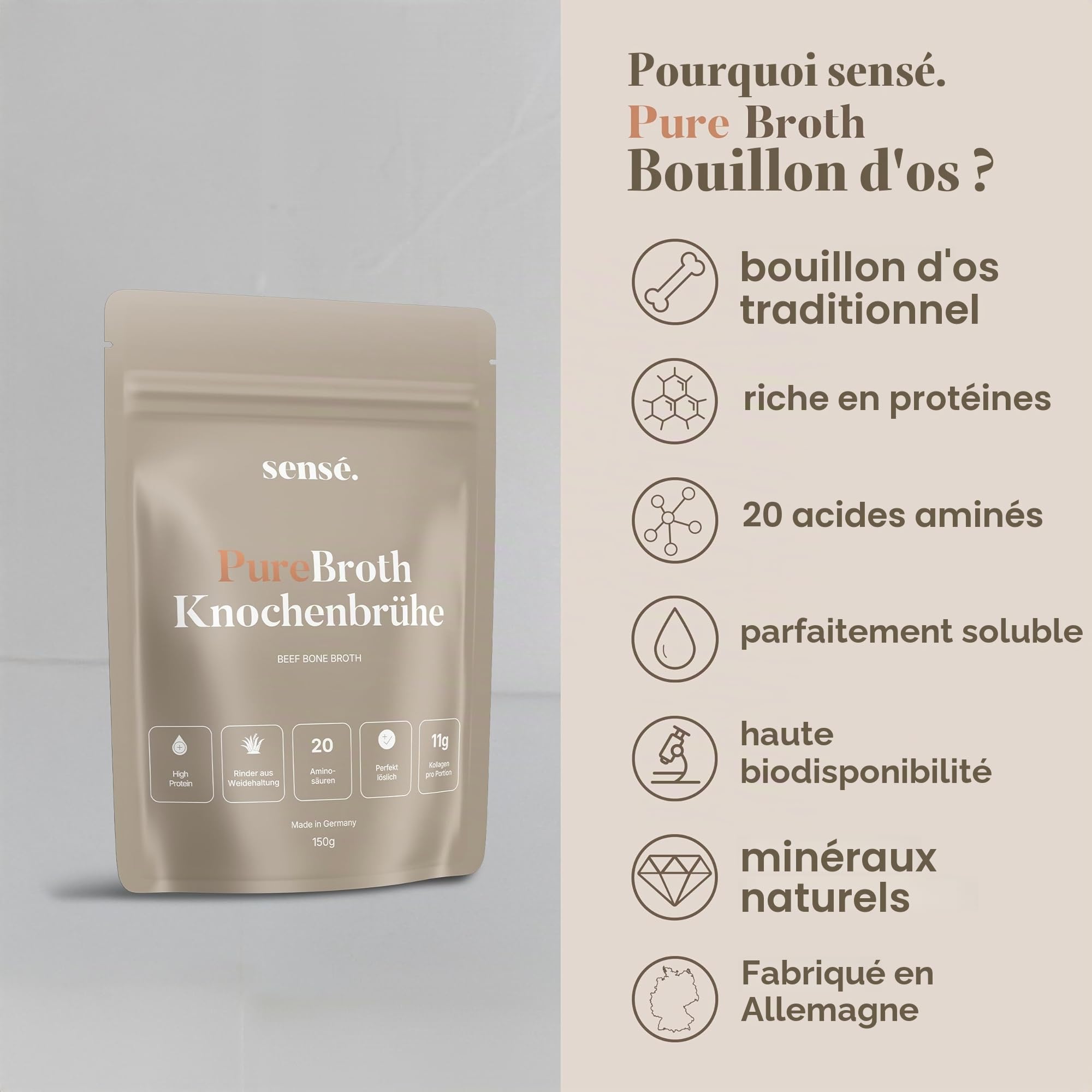 Poudre de bouillon d'os de bœuf de pâture, d'Allemagne, bioactif, 150g – Collagène de type 1, 2 et 3 | Soutient les articulations, l'intestin et la peau | haute teneur en protéines | Leaky Gut, Céto