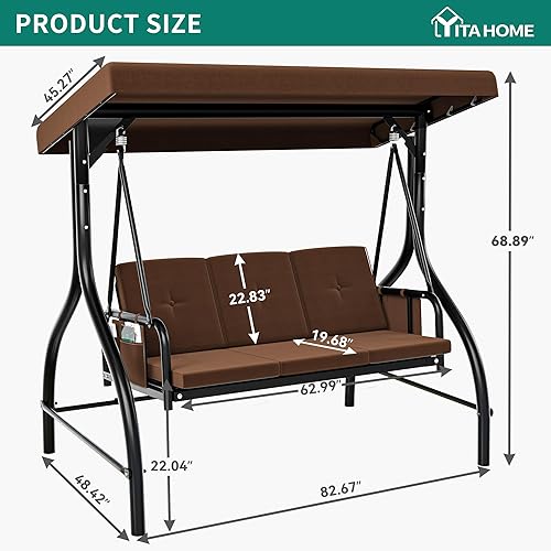 Miniatura 8 de YITAHOME Columpio de porche de 3 asientos para patio al aire libre, silla columpio resistente con toldo ajustable cojín extraíble, adecuada para