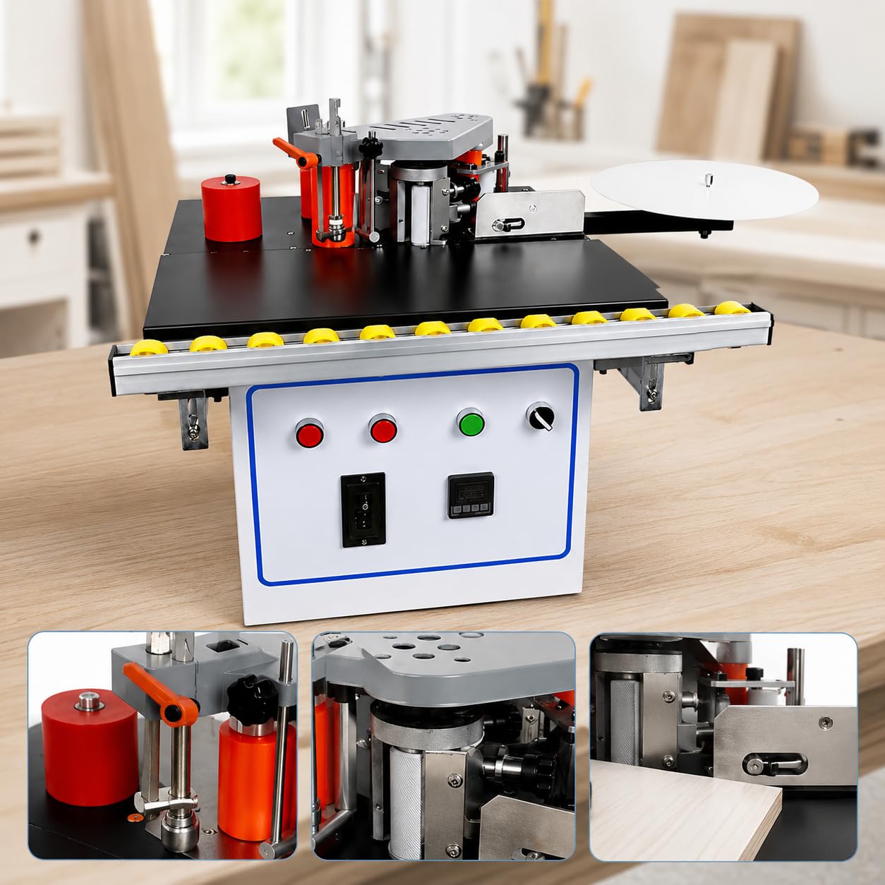 Bander de bordes portátil de 1200 W con alimentación automática, pegado de doble cara, control de temperatura de 120-220 °C, velocidad de alimentación de 2-6 m/min para bandas de bordes de carpintería