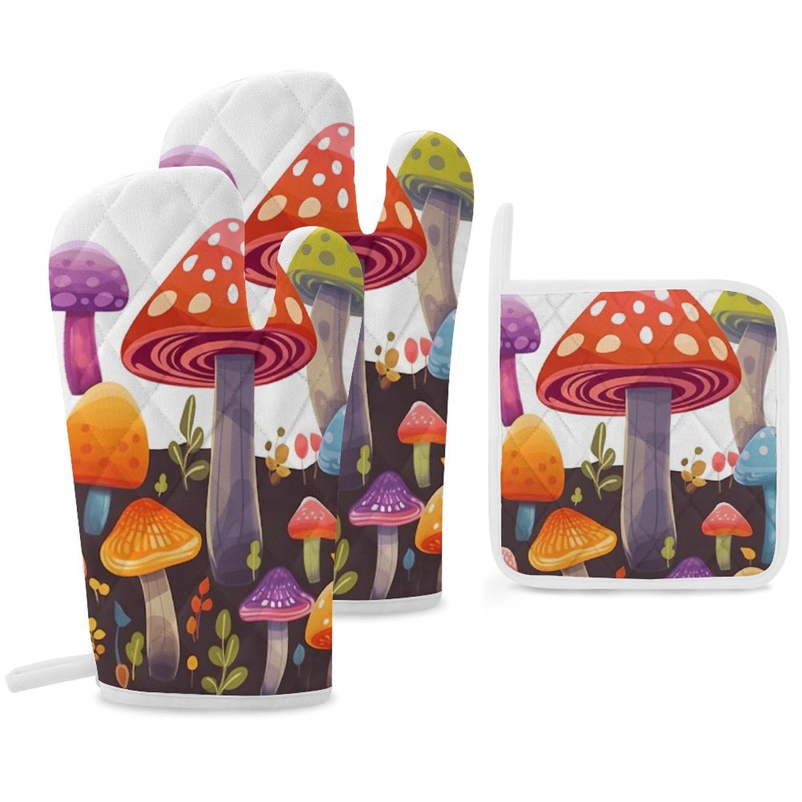 Oven Mitts and Pot Holders Set of 3 Heat Resistant Non-Slip Kitchen Gloves Hot Pads Colorful Mushroom Mittens Gloves Non-Slip Potholders for Cooking Baking Grilling BBQ