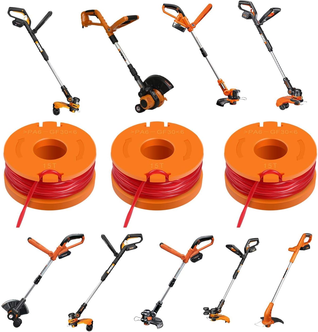 THTEN WA0010 Edger Spools Replacement for Worx WG180 WG163 Weed Wacker Eater String with WA6531 GT Spool Cover 50006531 String Trimmer Refills 10ft 0.065"(6 Spool, 2 Cap)