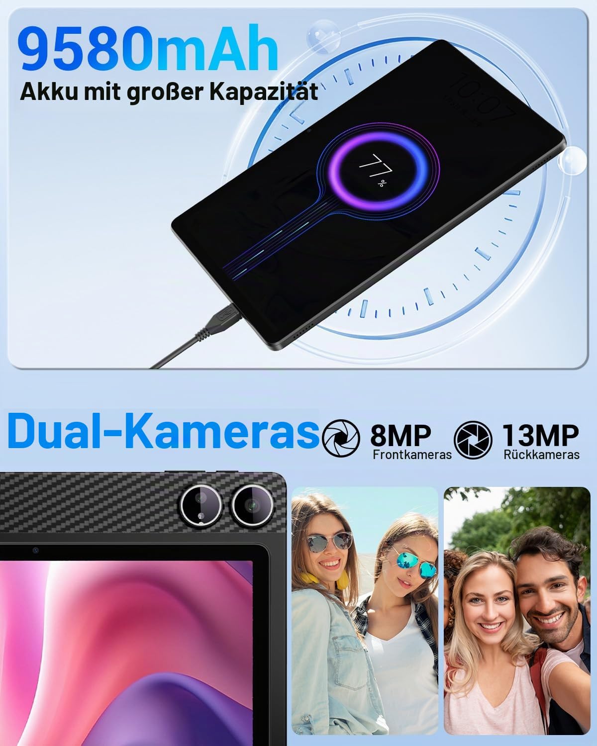 Tablet Touchscreen 11 Zoll, Android 15, 36 GB RAM 512 GB ROM/1 TB, 4G LTE Dual SIM + WiFi 5G, Octa Core, Gemini AI, 13 MP + 8 MP, 9580 mAh, GPS, Tablet mit Tastatur/Kopfhörer/Maus/Schutzhülle