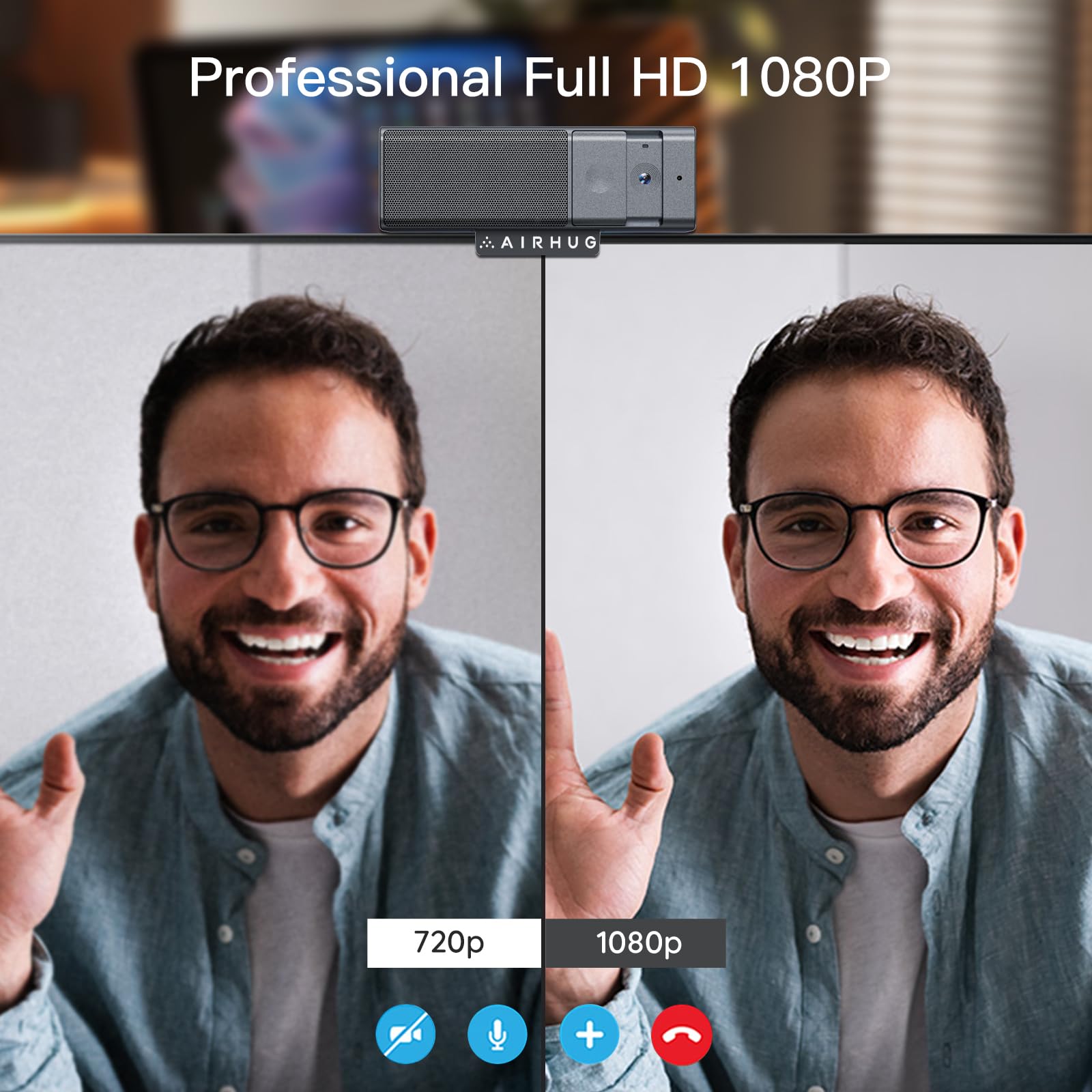 AIRHUG 3 in 1 1080P Webcam with Microfono & Speaker | USB Camera, Built-in Privacy Cover, Video Conferencing/Online Class/Gaming Live