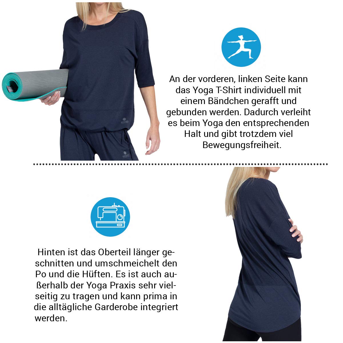 Magadi Camiseta de yoga Sara Navy para mujer, de algodón orgánico, camiseta deportiva para yoga, pilates, gimnasio, sostenible y justo., azul, extra-small