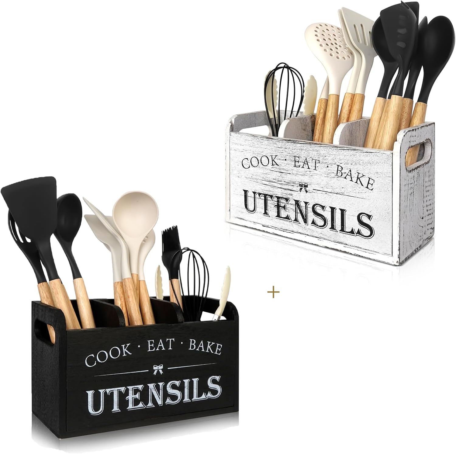 Farmhouse Cooking Utensils Organizer - Kitchen Utensil Holder Rustic Solid Wood Countertop Utensil Holder, 3 Compartment Spoon Holder for Kitchen Decor Black & White