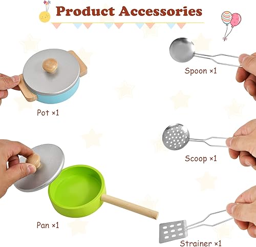 Miniatura 4 de Costzon Juego de cocina para niños, juego de cocina de juguete de madera con fregadero, horno, microondas, estufa, ollas, utensilios, cocina de