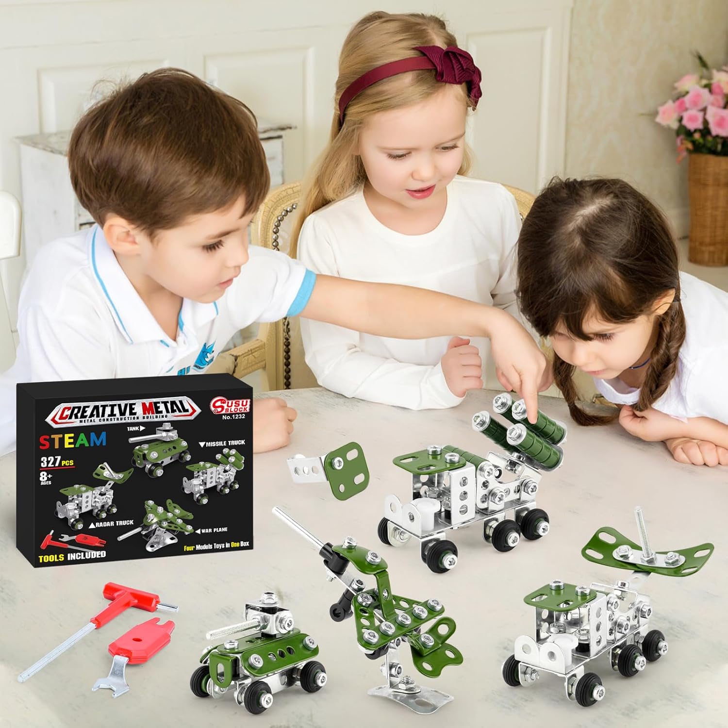 Ferthor Fun Building Toys for Boys Age 8-12,Creative Sets 4 Mini Army Vehicles Model,Metal Military Models Toys for Kids Ages 8+,DIY Educational Birthday Gifts for Kids Boys 8 9 10 11 12-16 Years Old