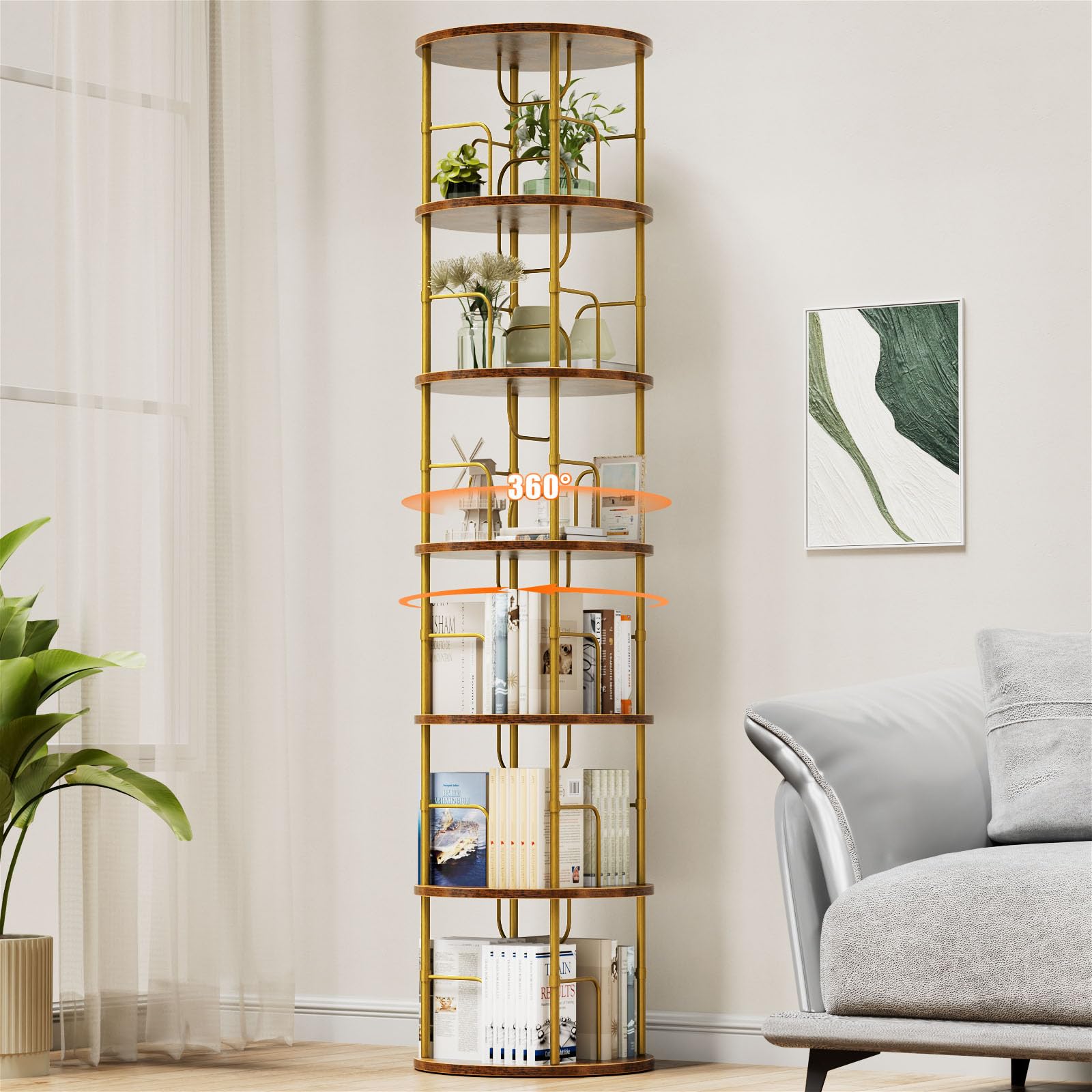 OCTORO 6 Tier Rotating Bookshelf, 360° Corner Bookshelf Tower, Round Revolving Bookcase with Adjustable Levels, Spinning Book Shelf for Home Office, Bedroom, Living Room, 45 x 45 x 193 cm, Gold