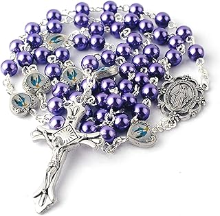 HanlinCC Glass Pearl Beads with Miraculous Epoxy Heart Metal Beads Rosary Necklace pack in Velvet Gift Bag with Rosary Pray Card