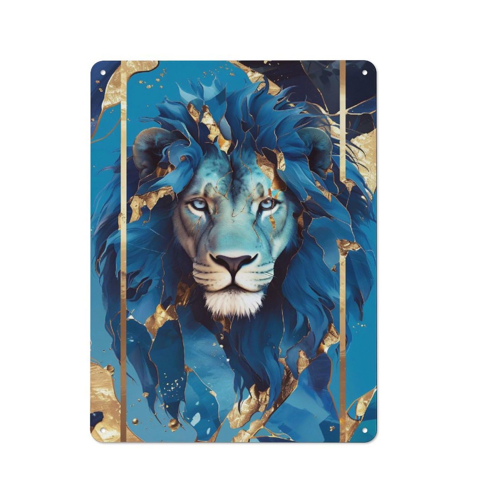 Junmoney Style-24 Smart Tin Sign 40X30cm Featuring Blue And Gold Lion Portrait, Office Wall Decor For Workspace, Cafe, Shop Or Desk Area