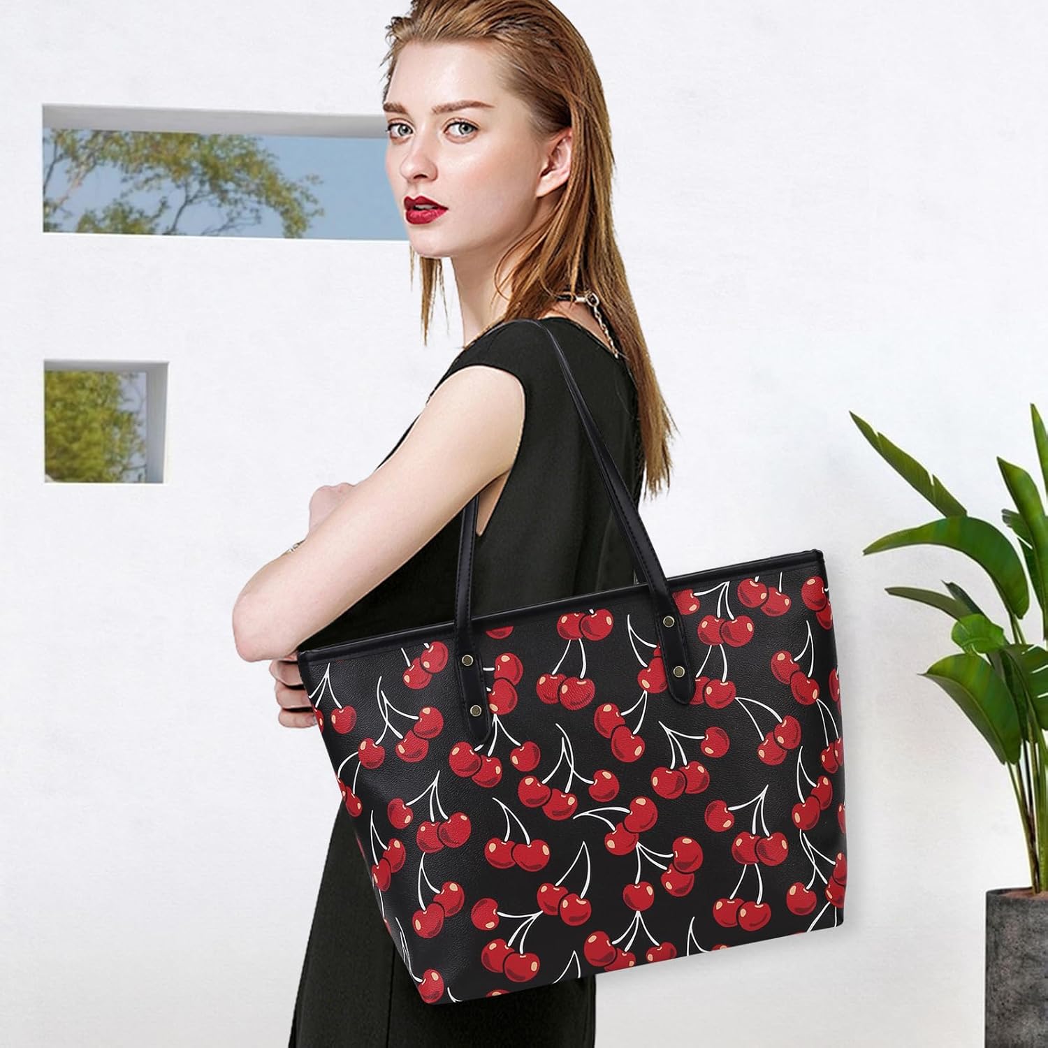 Cherry Tote Bag for Women Bow Shoulder Tote Handbag Faux Leather Top Handle Bag for Work/Travel 2025 - Image 3