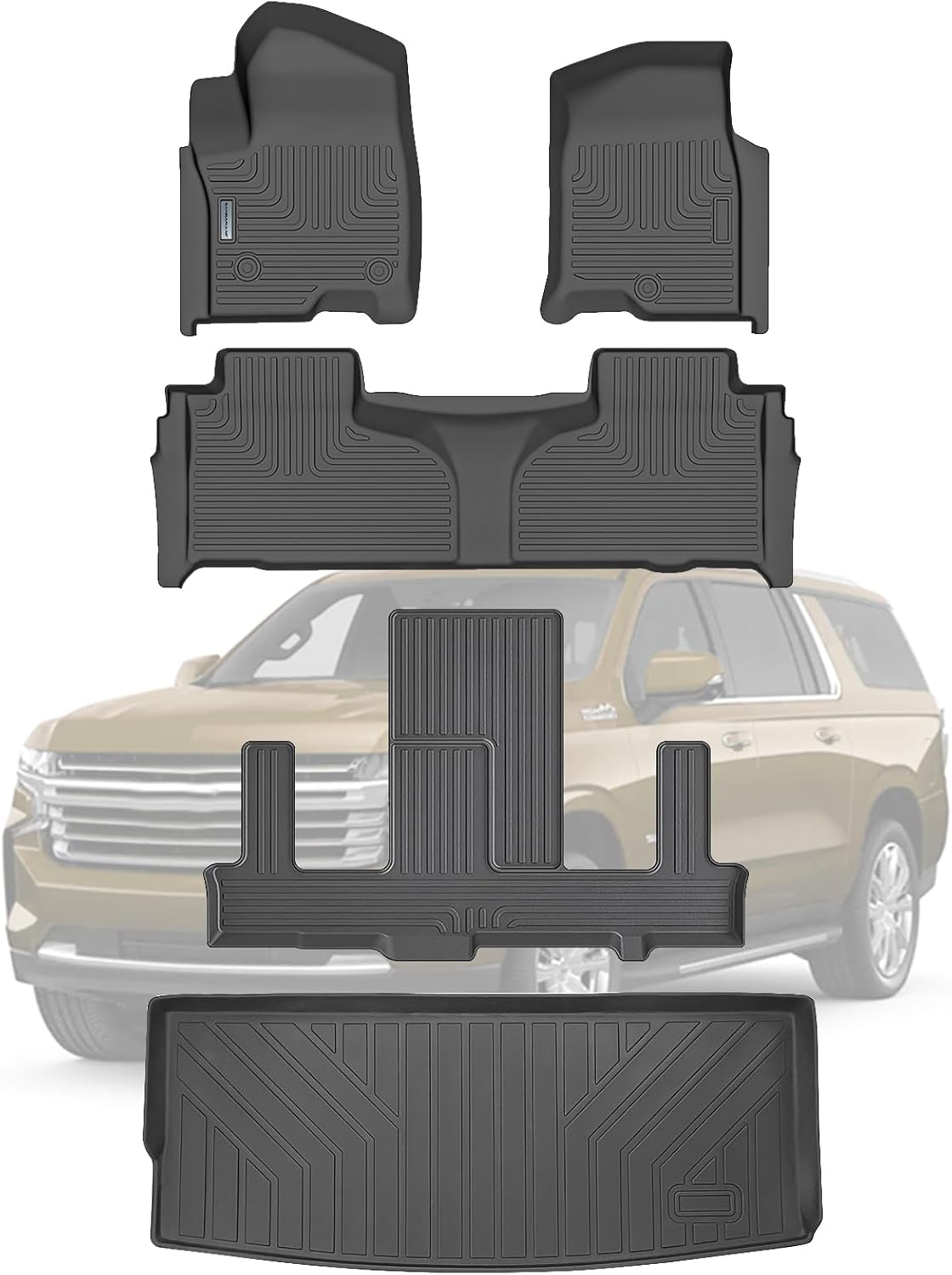 Floor Mats & Trunk Mat for Chevrolet Tahoe 2021-2024 2025-2nd Row Bucket Seat(7 Seats Version) &GMC Yukon(Not Fit XL,TPE All Weather Protection Car Floor Liners for Chevy Tahoe