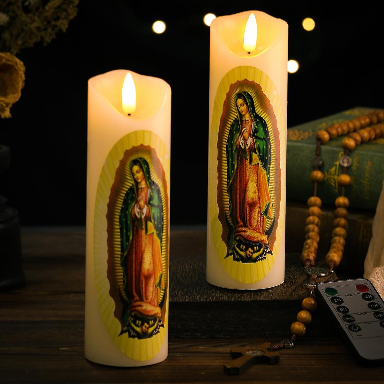 Baquler 2 Pcs Religious Flameless LED Prayer Candle Real Wax Baptism Set Devotion Candles Religious Decoration Gift for Home and Office, Battery Operated with Remote Control(Lady of Guadalupe) - Image 3