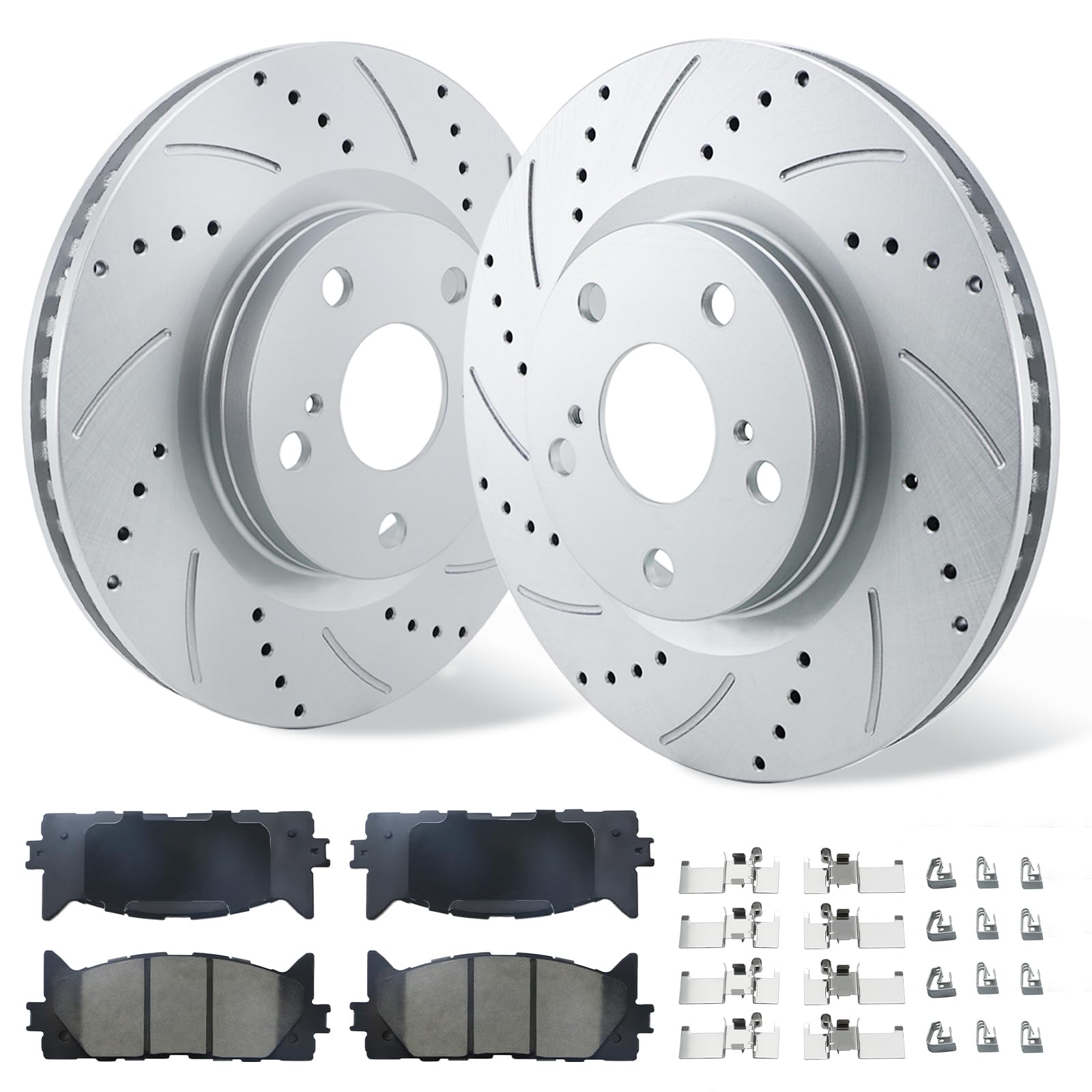 front brake kit fit for 07-17 toyota camry,08-18 toyota avalon,07-18 lexus es350,13-18 lexus es300h, drilled & slotted brake rotors ceramic brakes pads replacement,koe3053 brake rotors brake pads