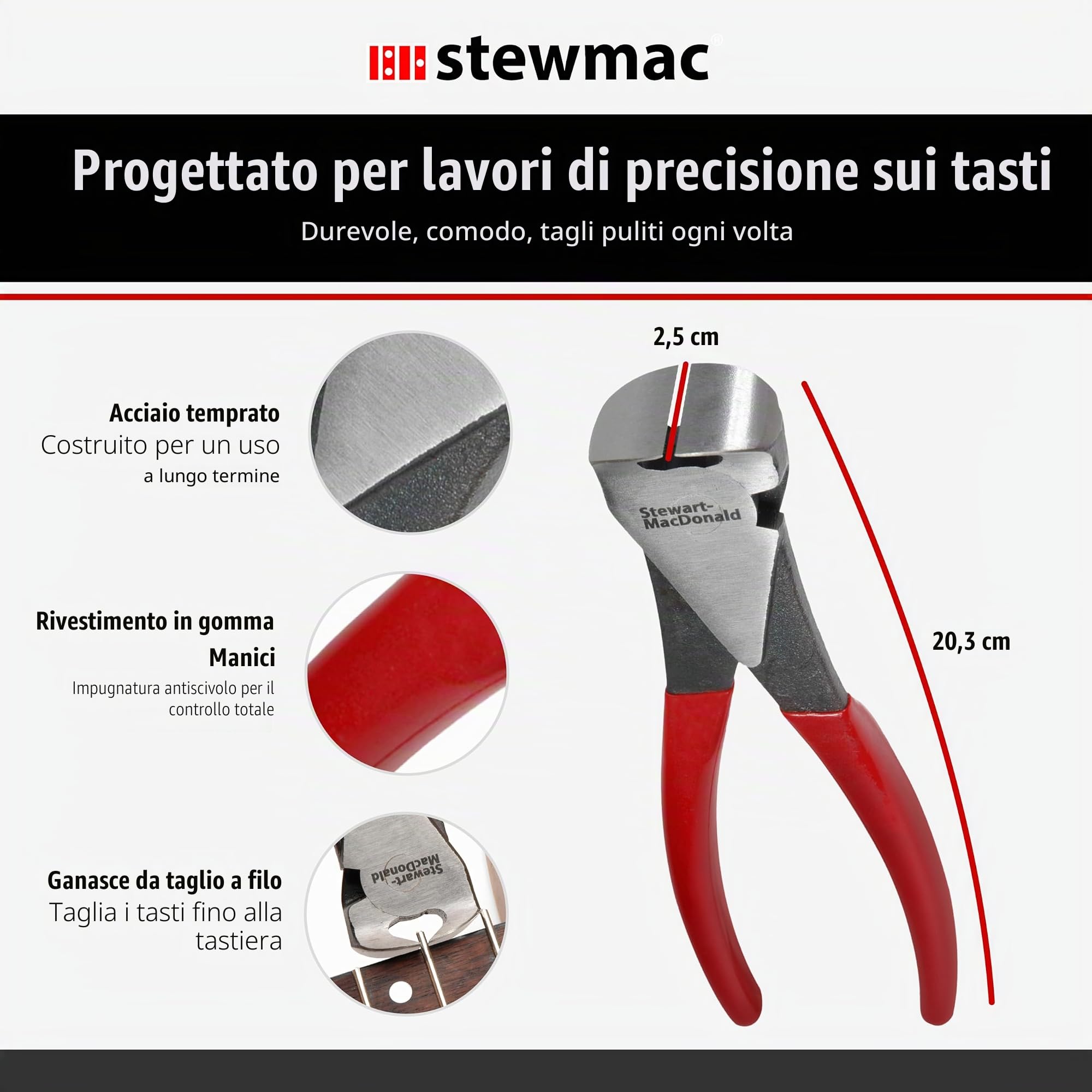 StewMac tronchese per estremità tasti di chitarra, acciaio temprato | Taglia a filo e lascia l'estremità pronta allo smusso; le ganasce temprate resistono ad alpacca e inox senza usurarsi.