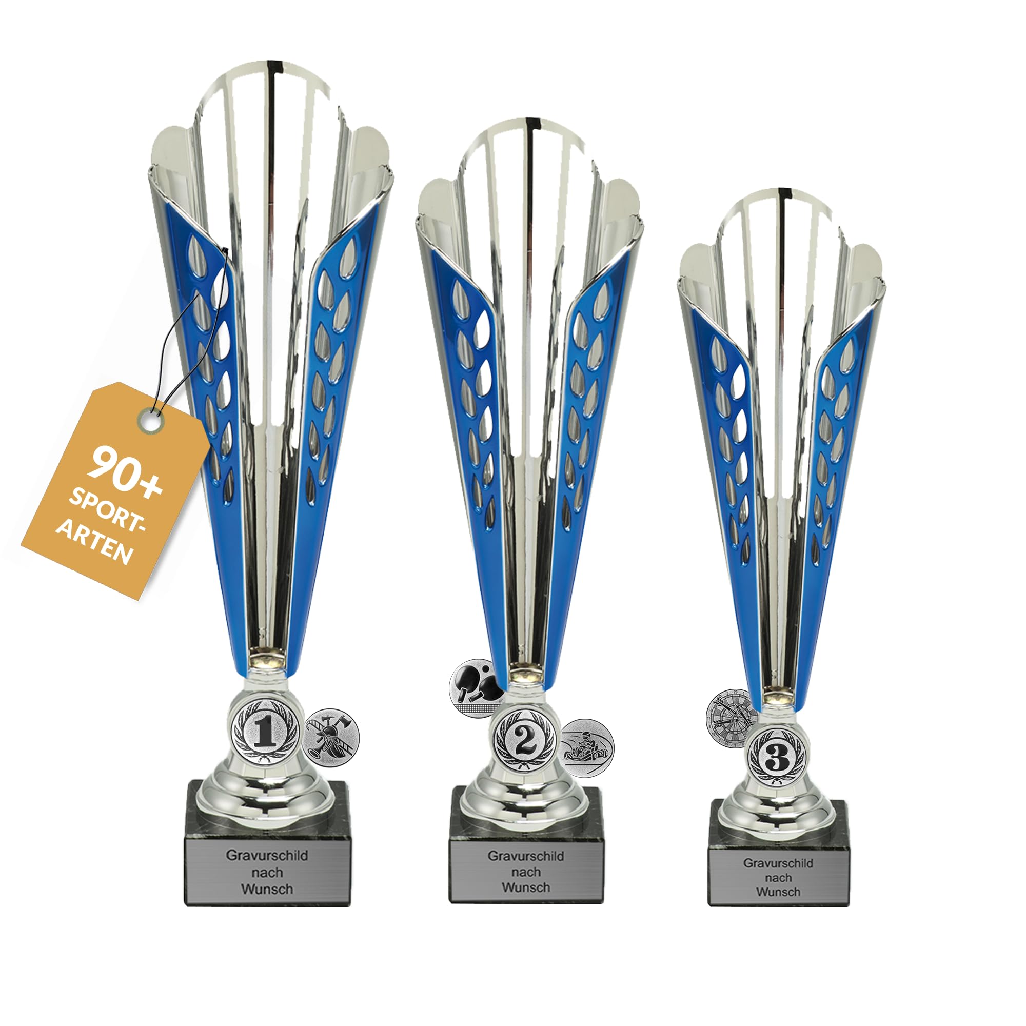 Pokal-Fabrik Pokal mit Gravur Wunschtext – Silber & Blau Trophäe mit Sportart Emblem nach Wahl – Personalisierte Auszeichnung für Fußball WM & Sport Events – 32/33,5/35,5 cm inkl. Marmorsockel