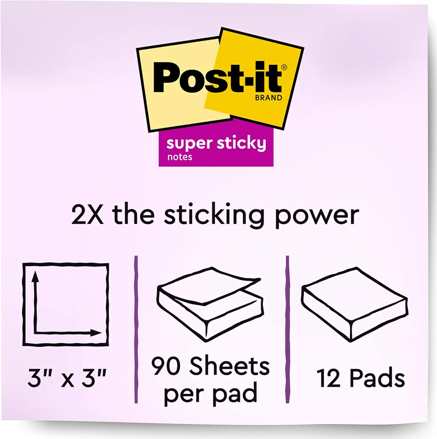 Post-it Super Sticky Notes, 3x3 in, 12 Pads, 2x the Sticking Power, Assorted Bright Colors, Recyclable (654-15SSMULTI)