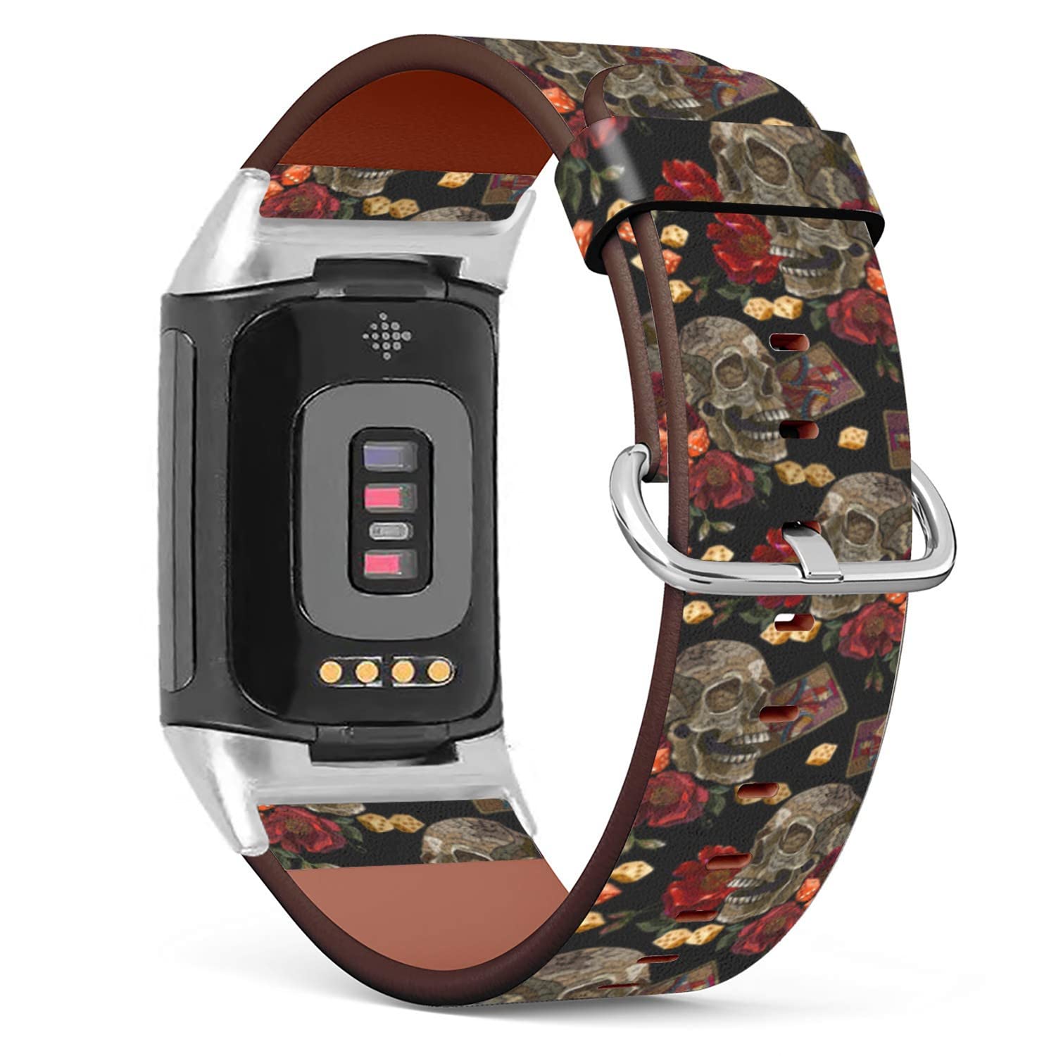 Compatible with Fitbit Charge 5, Patterned Leather Replacement Band (Embroidery Skull and Playing Cards Pattern)