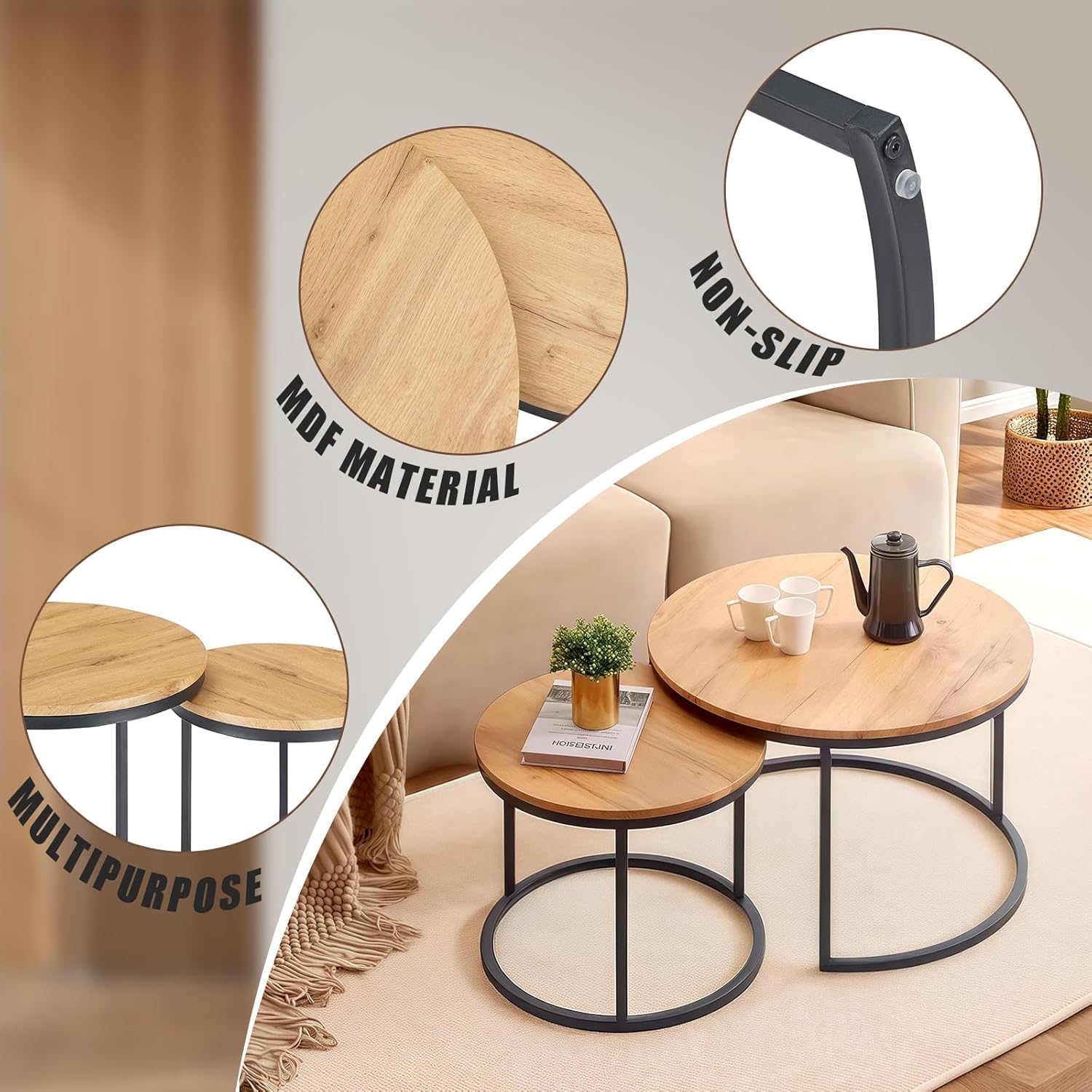 Beistelltisch Rund 2er Set Kleiner Couchtisch Rund Couchtisch Schwarz Holz mit Schwarzem Metallgestell, Wohnzimmertisch Rund Sofatisch für Wohnzimmer Schlafzimmer Büro, 50+40 cm