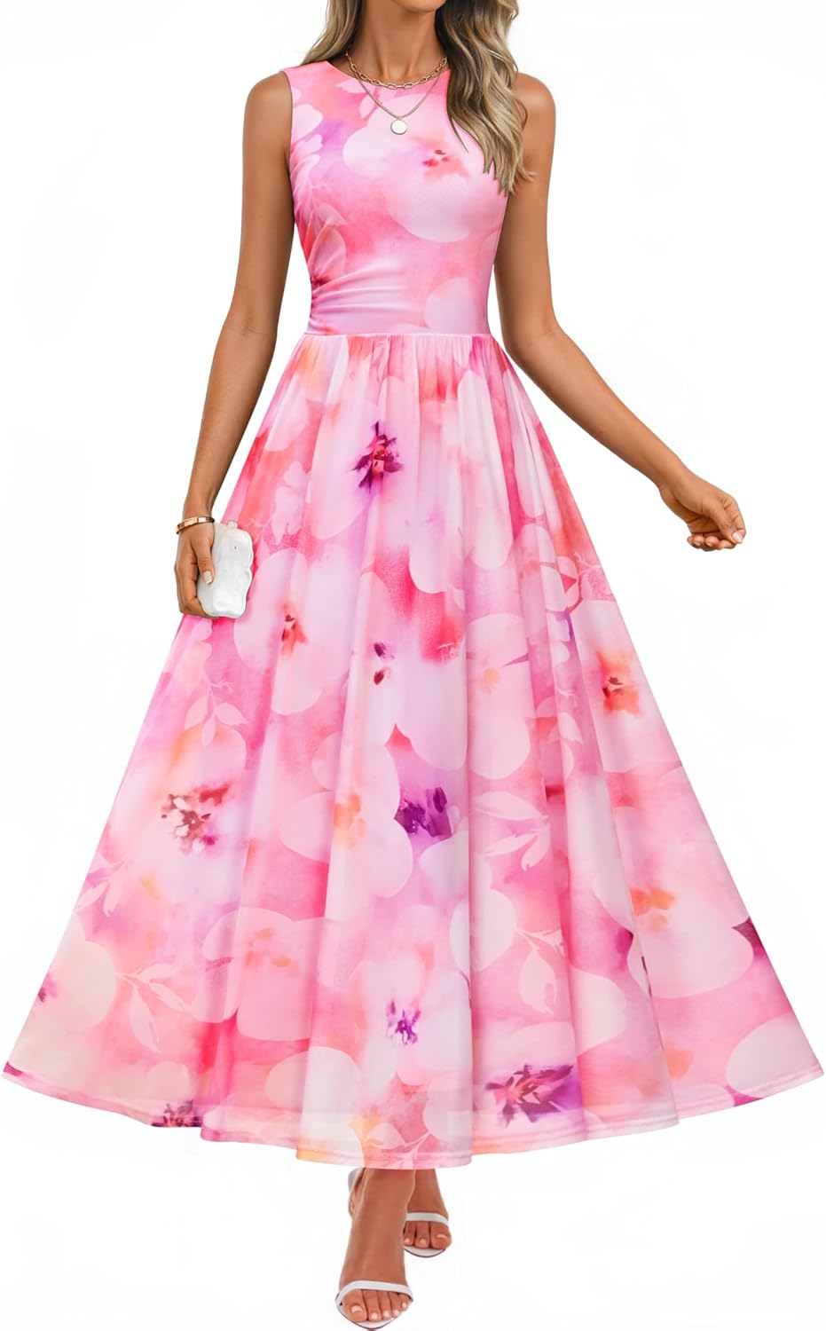 ZESICA Women's Summer Sleeveless Floral Maxi Dress 2026 Casual Crewneck Mesh A Line Flowy Boho Beach Party Long Dresses