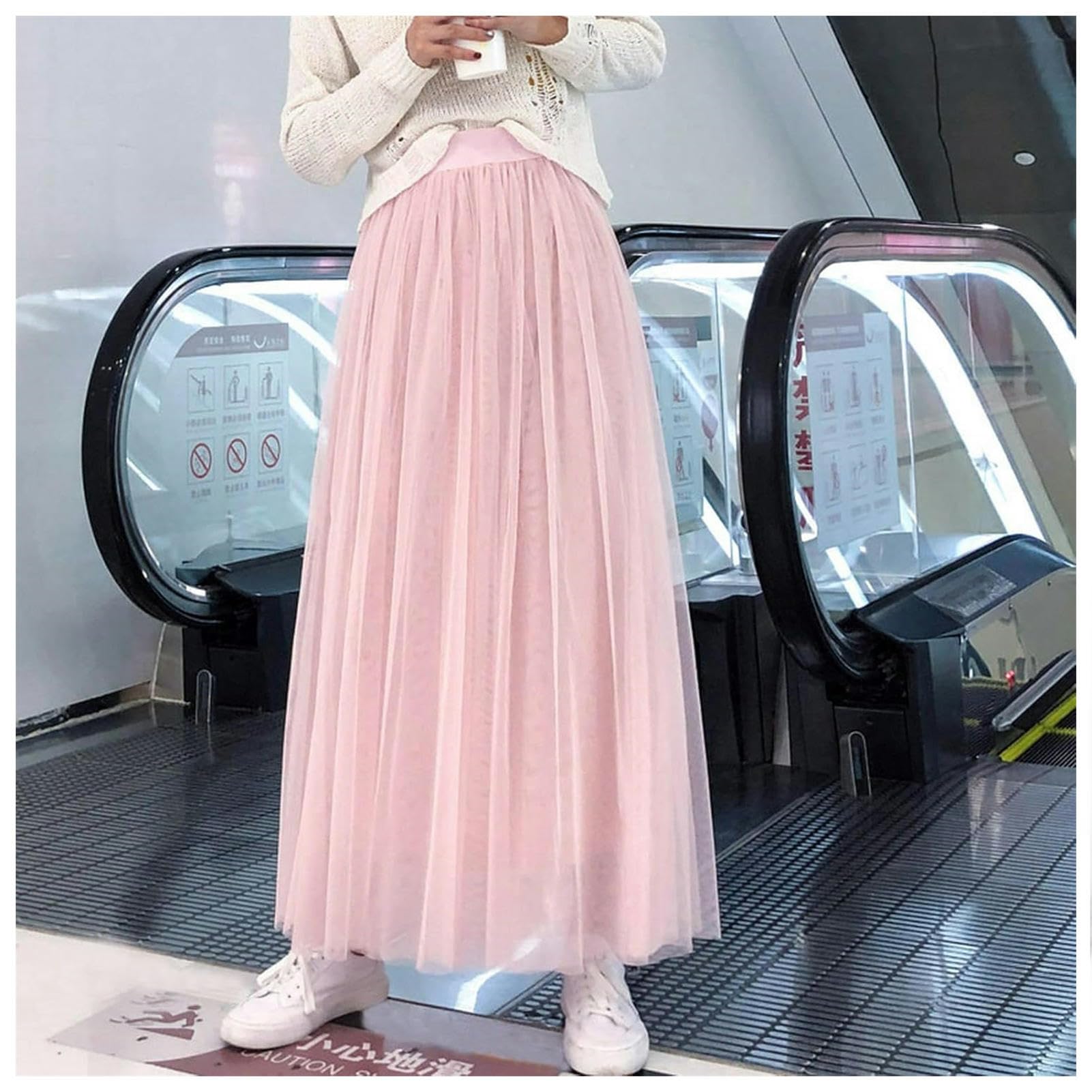 Rock Damen Elastische Taille 3 Schichten Mesh Long Tüllrock Brautjungfer Kleider Spring Herbst Elegant Vintage High Taille Ballkleid-Length 98cm-White