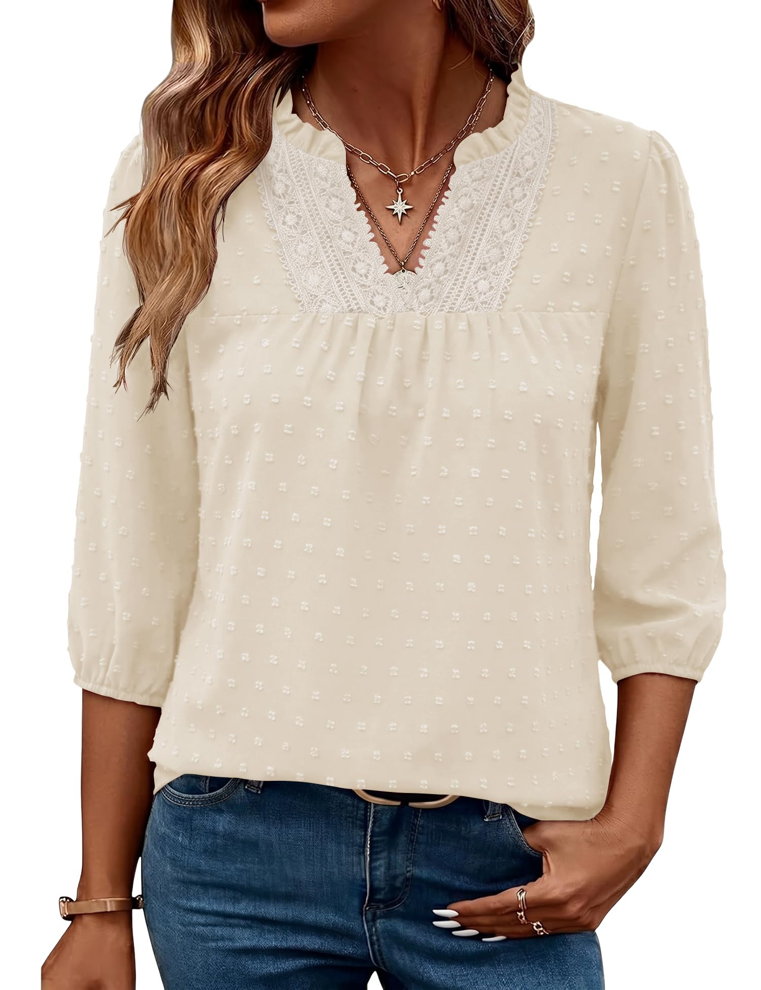 iWoo Damenbluse 3/4 Arm V-Ausschnitt Elegant Spitze Tunika Sommer Top 2026 | Elegant Locker Loose Fit Outfits,Elegante V-Ausschnitt Spitze 3/4 Arm,Atmungsaktives Business Sommer Top für Büro oder Urlaub