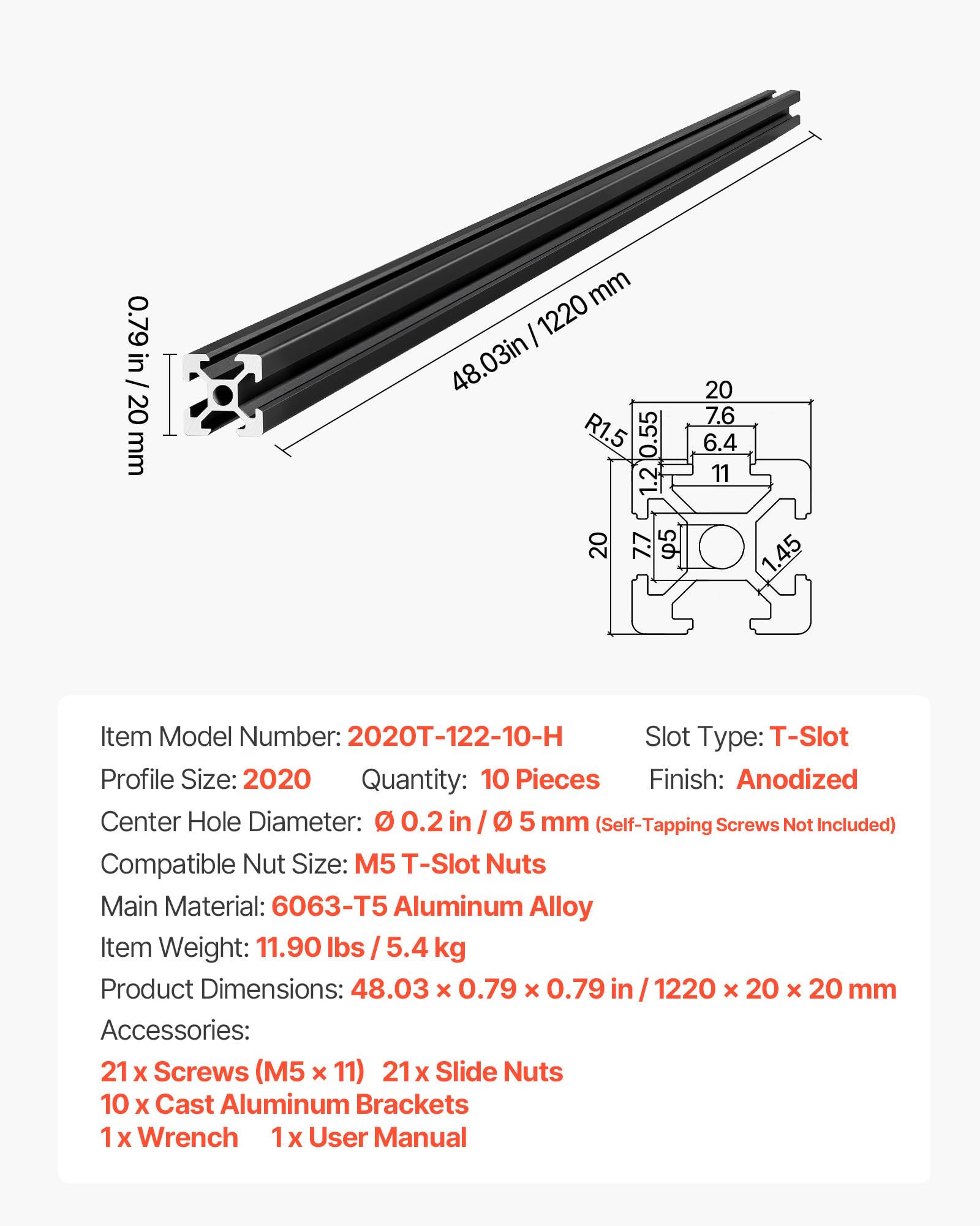 VEVOR Profilé Aluminium Extrudé 2020 10 PCS Profilé Alu Anodisé 1220 mm Rainure en T Standard Européen pour Châssis d'Imprimante 3D, Machine CNC, Mobilier, Établis, Bricolage, Haute Résistance, Noir