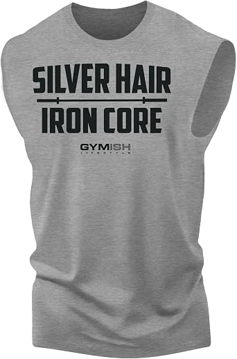 Gymish Lifestyle Silver Hair Iron Core Graphic Fitness Tank, Sleeveless Bodybuilding Athletic Tank Top
