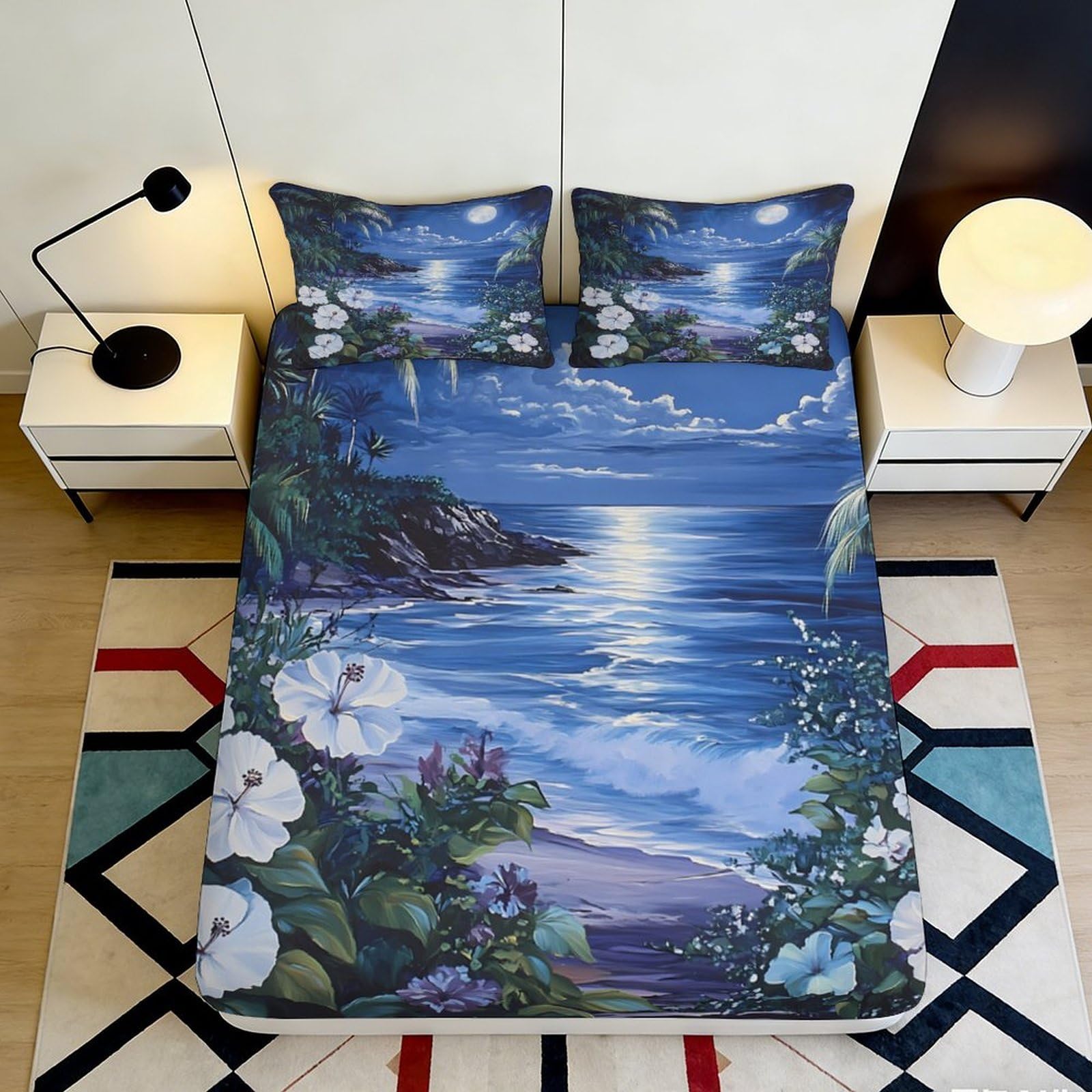3D Printed Moonlit Ocean Fitted Sheet Microfiber Durable Soft Blue Floral Beach Mattress Cover for Bedroom Dormitory Guest Room Protection 200x200x25cm