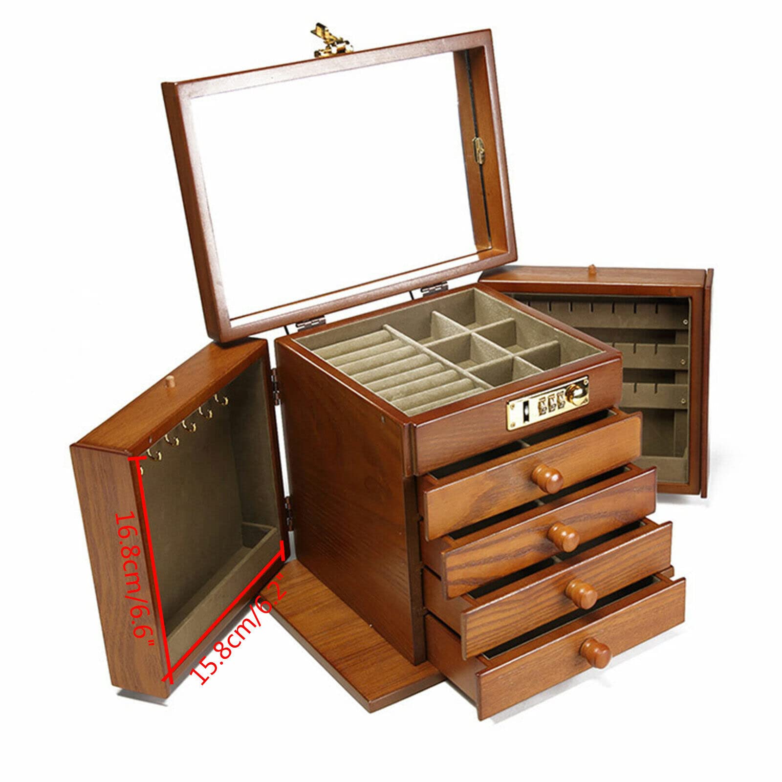 Joyero de madera con cerradura de combinación, caja de regalo grande, con niveles de piel sintética, caja de viaje con mini caja portátil para viajes, caja de joyería