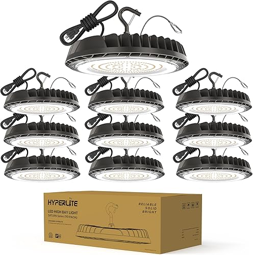 Miniatura 9 de HYPERLITE Luz LED de alta bahía de 150 W, 2 paquetes de 21000 lm con enchufe de EE. UU., luz LED UFO de alta bahía para almacén, taller, fábrica,