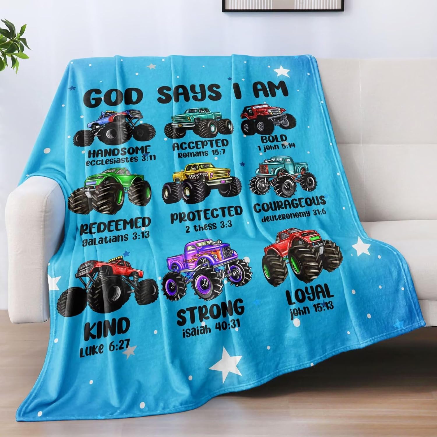 Monster Truck Blanket for Boys 60x50 Inch,Soft Warm Fleece Cars Throw Blanket for Kids Teens,God Says I Am Throws Christian Inspirational Gift