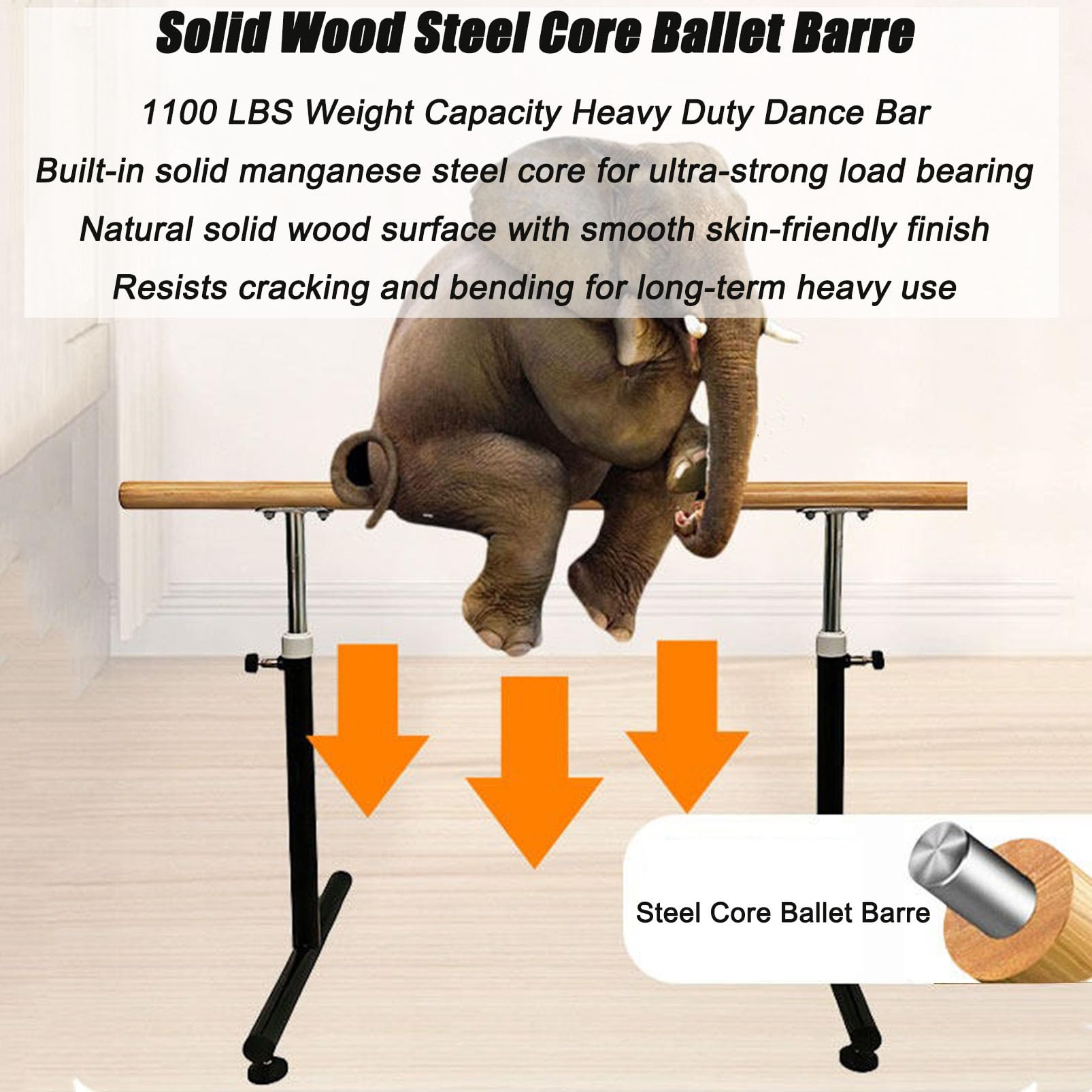Barra de Ballet Independiente, Ajustable en 7 Niveles, de Madera Maciza | Base Antideslizante con ventosas, Barra de Madera con núcleo de Acero, Barra de Estiramiento para niños y Adultos, e
