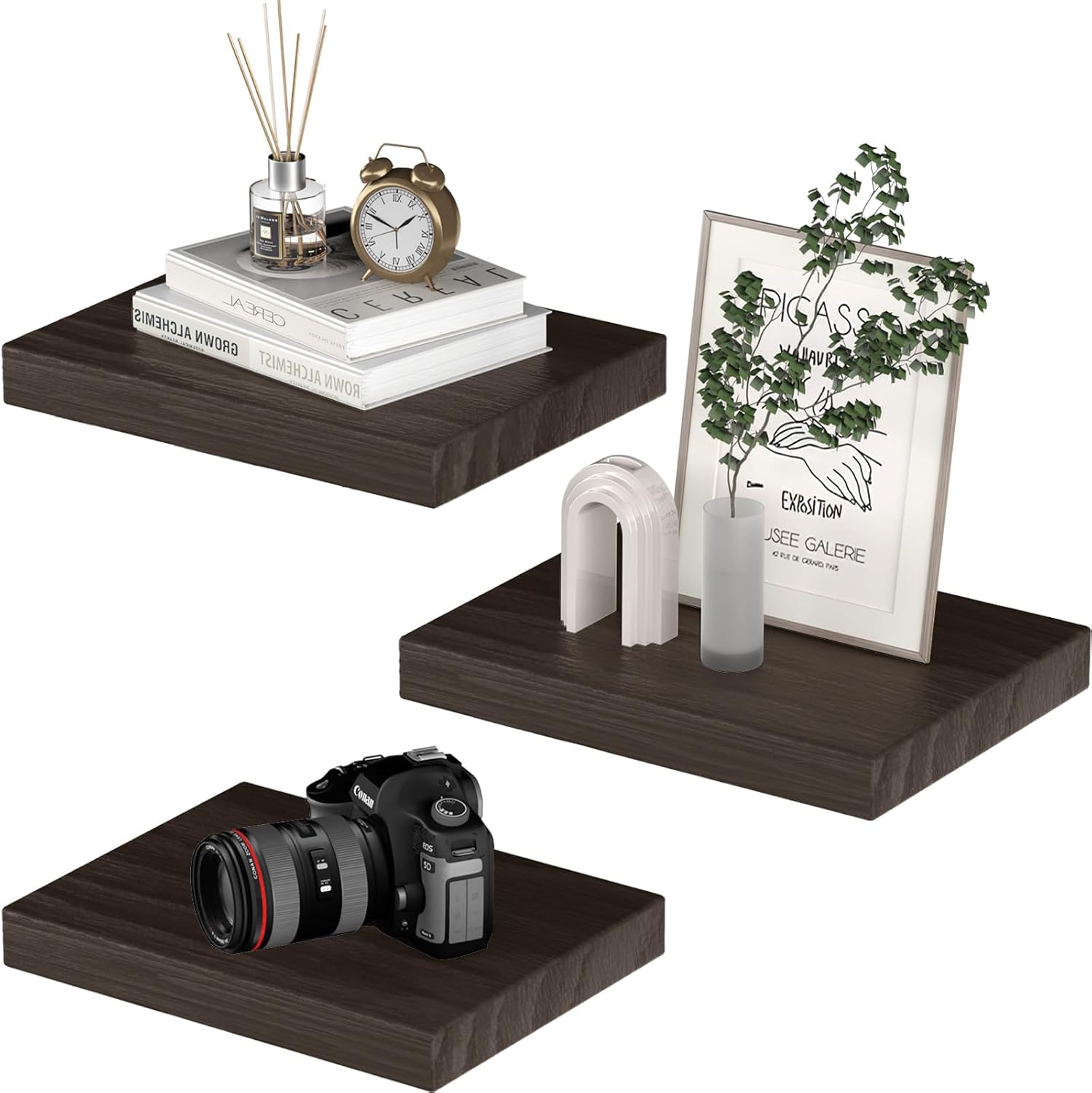 Small Floating Shelves for Wall - 12 x 9 Inch Rustic Brown Shelves for Bedroom, Living Room, Bathroom, Kitchen, Office Decor Set of 3
