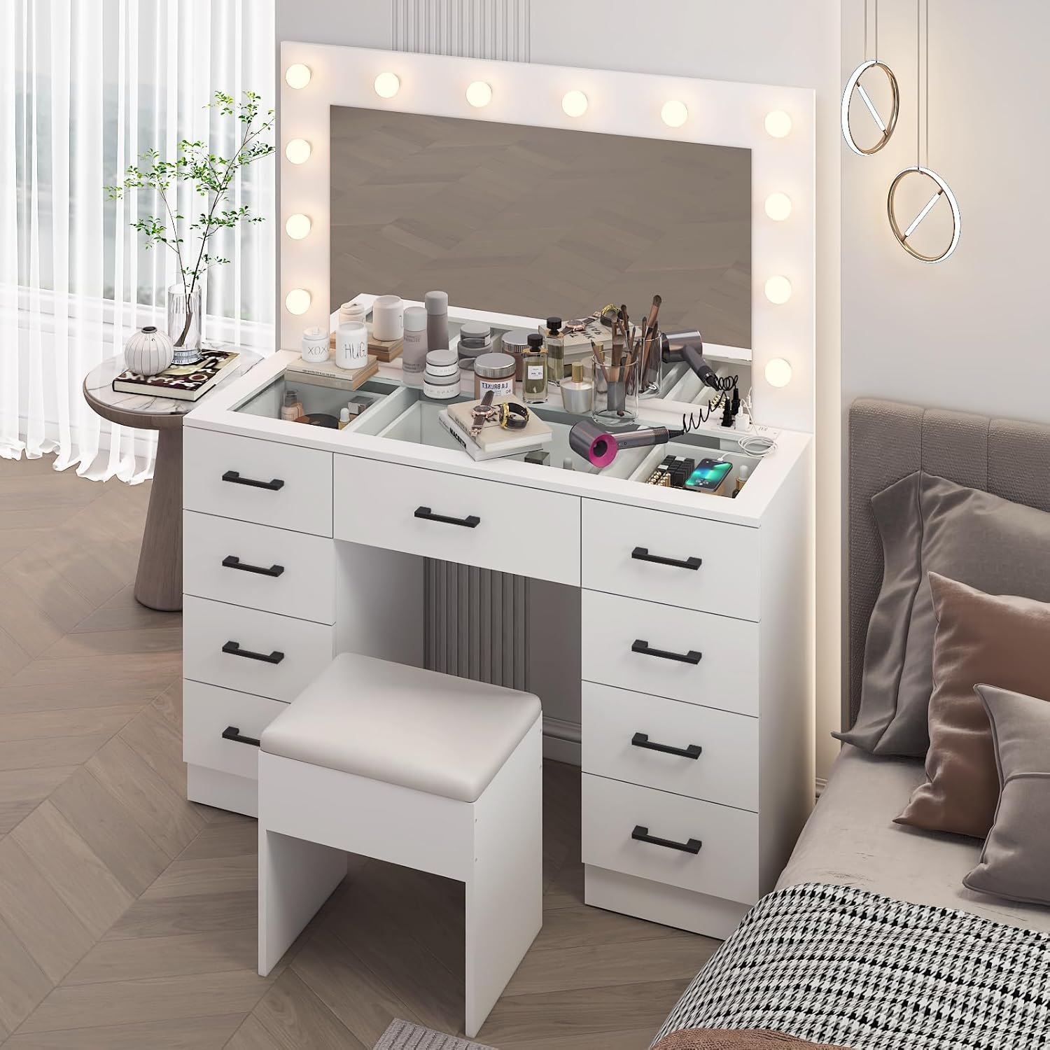 Karl home Vanity Desk with Large Lighted Mirror & Powre Outlet, Glass Tabletop Makeup Vanity Set with 9 Drawers, 45.3" Vanity Table with 3 Color Lighting Modes, Dressing Table for Women Girls, White
