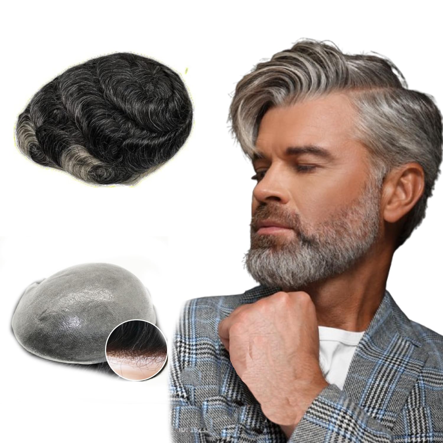 NLW Toupee for Men 0.04 Thin Skin Double Knots 25mm Curl Hairpiece 100% Human Hair System for men wigs Men's Toupee Durable Men's Toupee Real Hair Base Size 8x10 Inch 120% Density #1B40