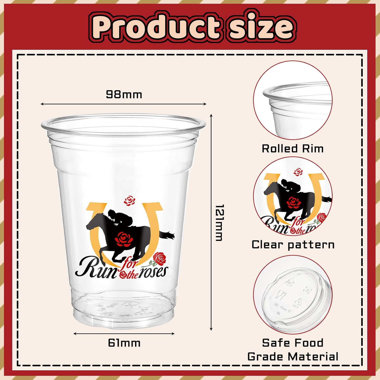 Rtteri 100 Pcs Derby Disposable Plastic Cups Bulk 16 oz Large Horse Racing Party Disposable Clear Cups for Derby Day Horse Racing Party Decorations Supplies