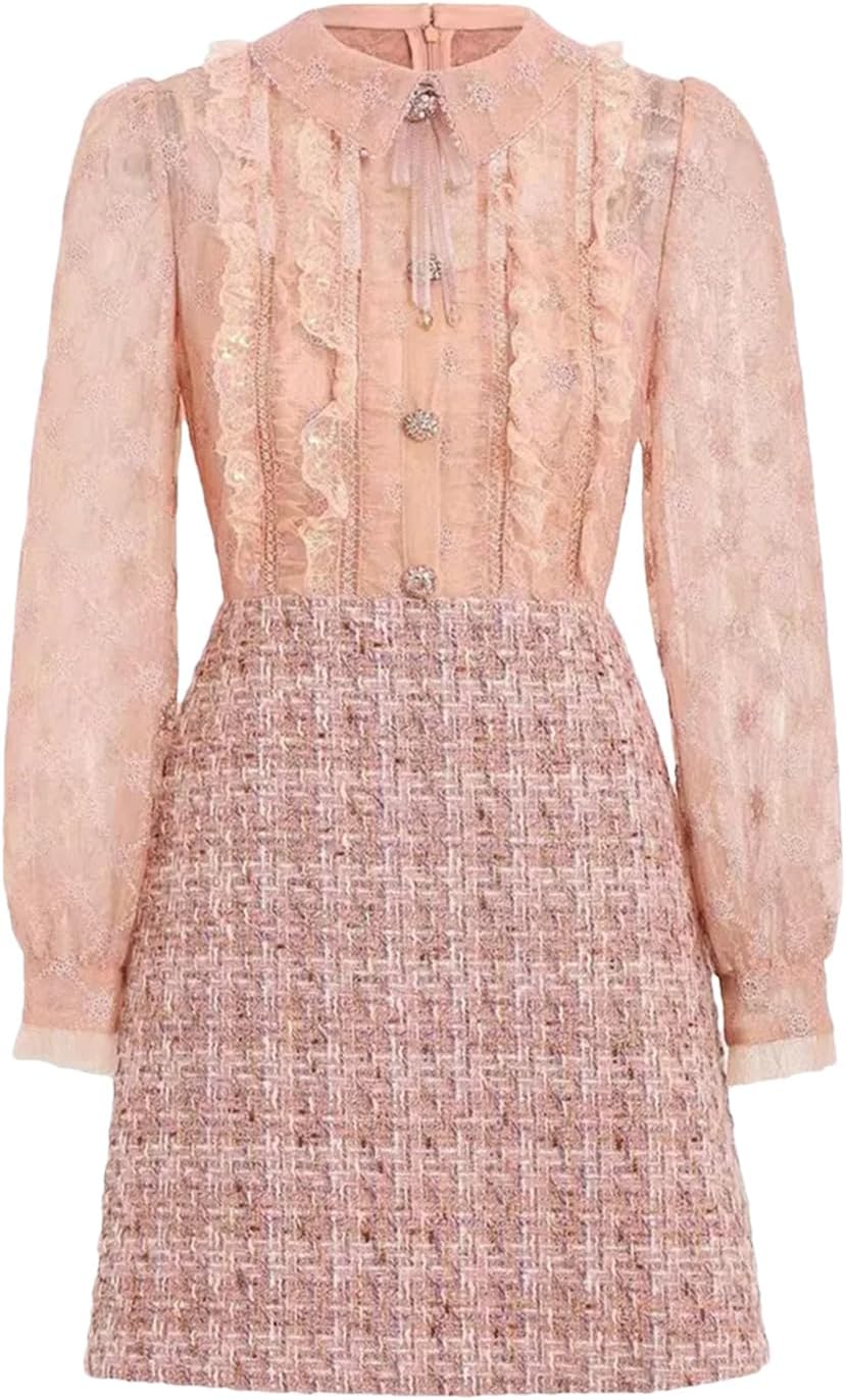 Womens Embroidery Spliced Ruffle Tweed Dress Small Fragrant Style Beaded Elegant Woolen Dress