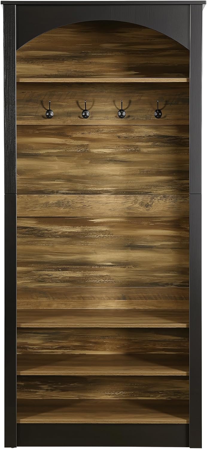 Tribesigns 74.8" Hall Tree with Shoe Storage, 3-Tier Narrow Shoe Rack with Coat Rack, Farmhouse Hall Tree with 4 Double Coat Hooks for Entryway, Hallway, Black and Brown