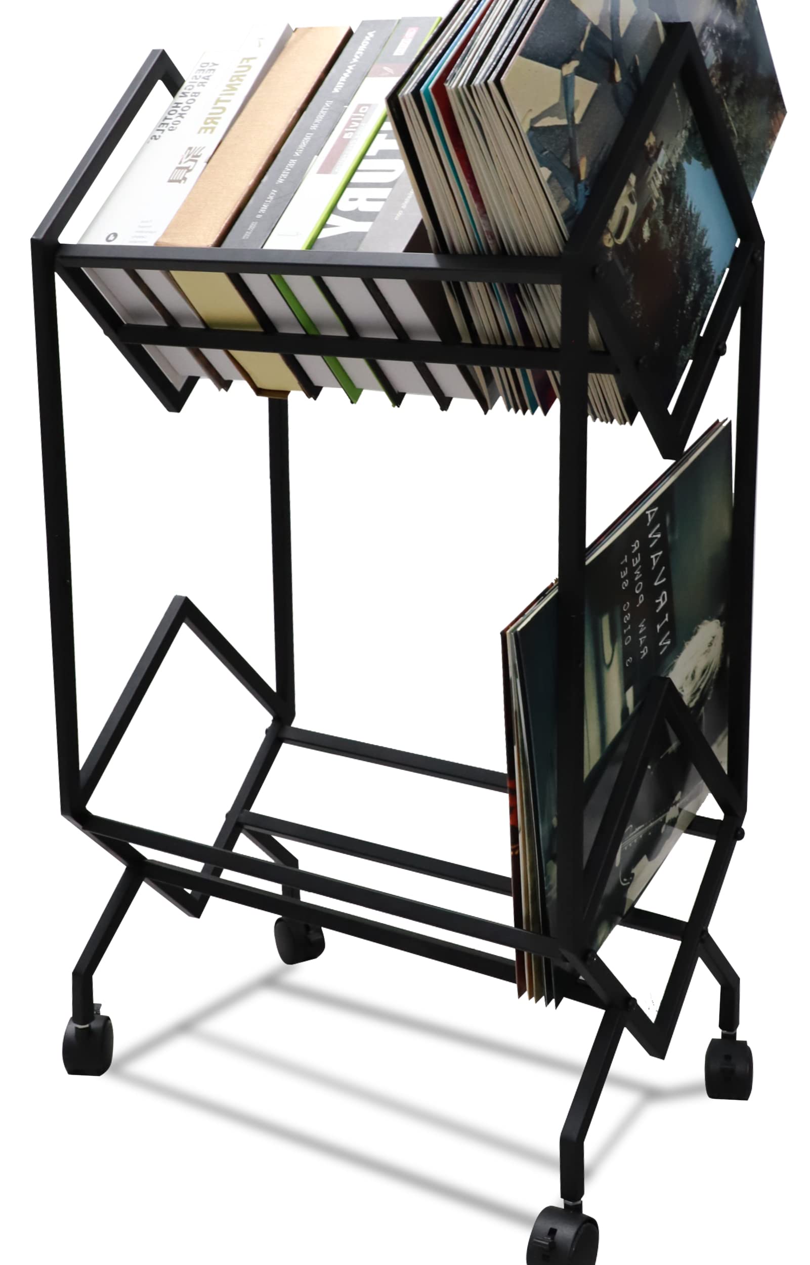 MNKXL Vinyl Record Storage Holder,Double Record Storage Layer with Trolly Wheel Design for 180-220 Vinly Record Albums Display Stand LP Storage Organizer,Lockable Wheels,Sturdy Construction