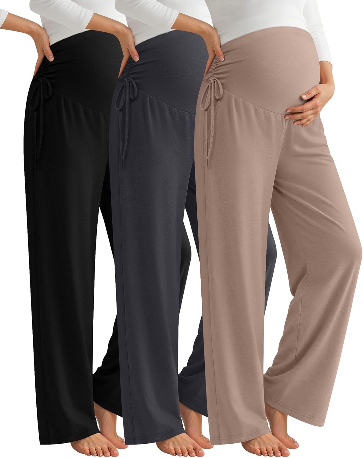 Neer 3 Pack Women's Maternity Pants Over The Belly Loose Pregnancy Pants Stretchy Lounge Wide Leg Trousers with Pockets