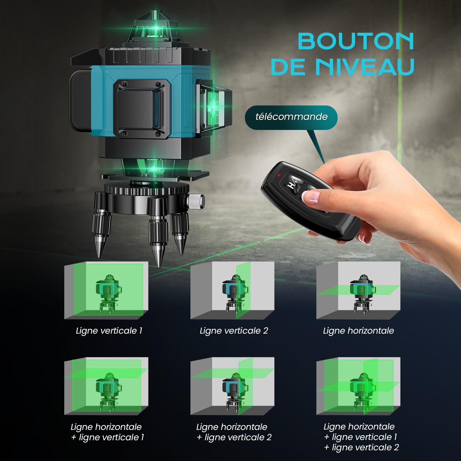 Niveau Laser Chantier Autonivelant 360° x 4, Lazer Niveaux 4D 16 Lignes Laser, Autonivellement et Mode Pulsé Extérieur, 2 x Batterie, Nivellement Automatique, Support Rotatif, Télécommande