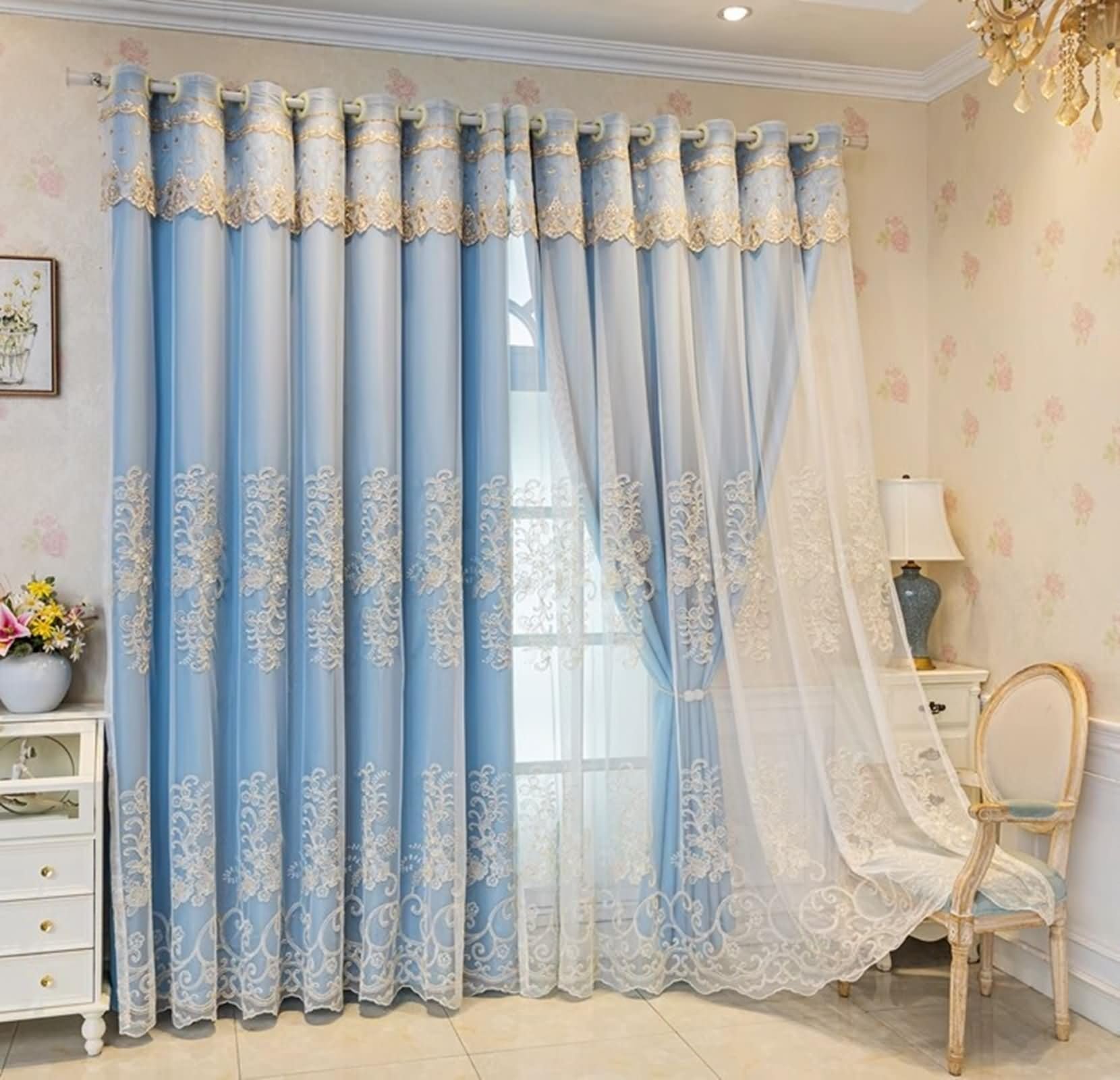 Beydodo Rideau Opaque Occultant, Rideaux Chambre Decoratif 137 x 214 Oeillet, Aspect Floral Brodé 2 Pièce, Polyester
