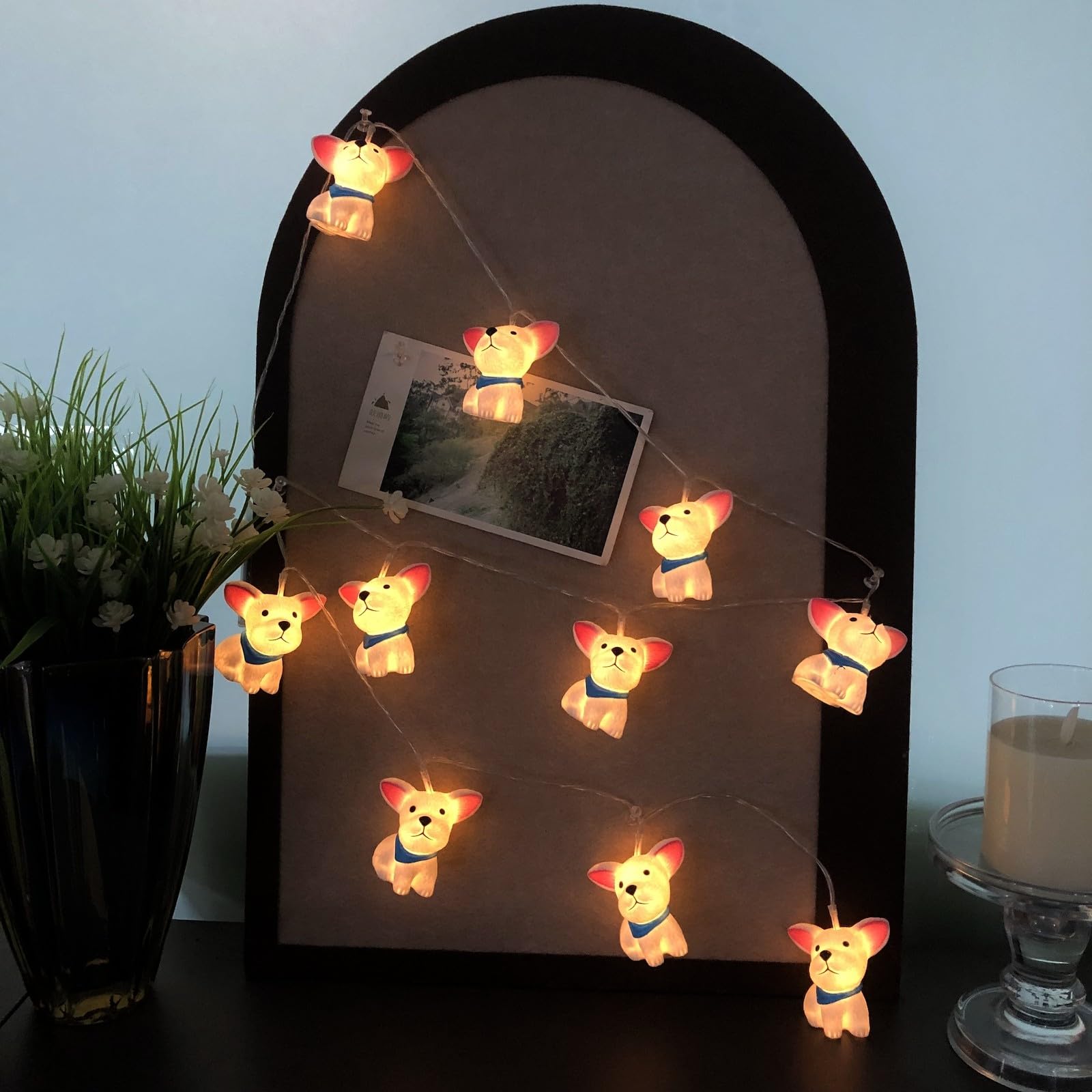 Cadena de luces de 1,65 m, funciona con pilas, con función de temporizador, 10 LED, luz nocturna, cadena de luces para niños, dormitorio, Navidad, Halloween, cumpleaños, decoración (perro